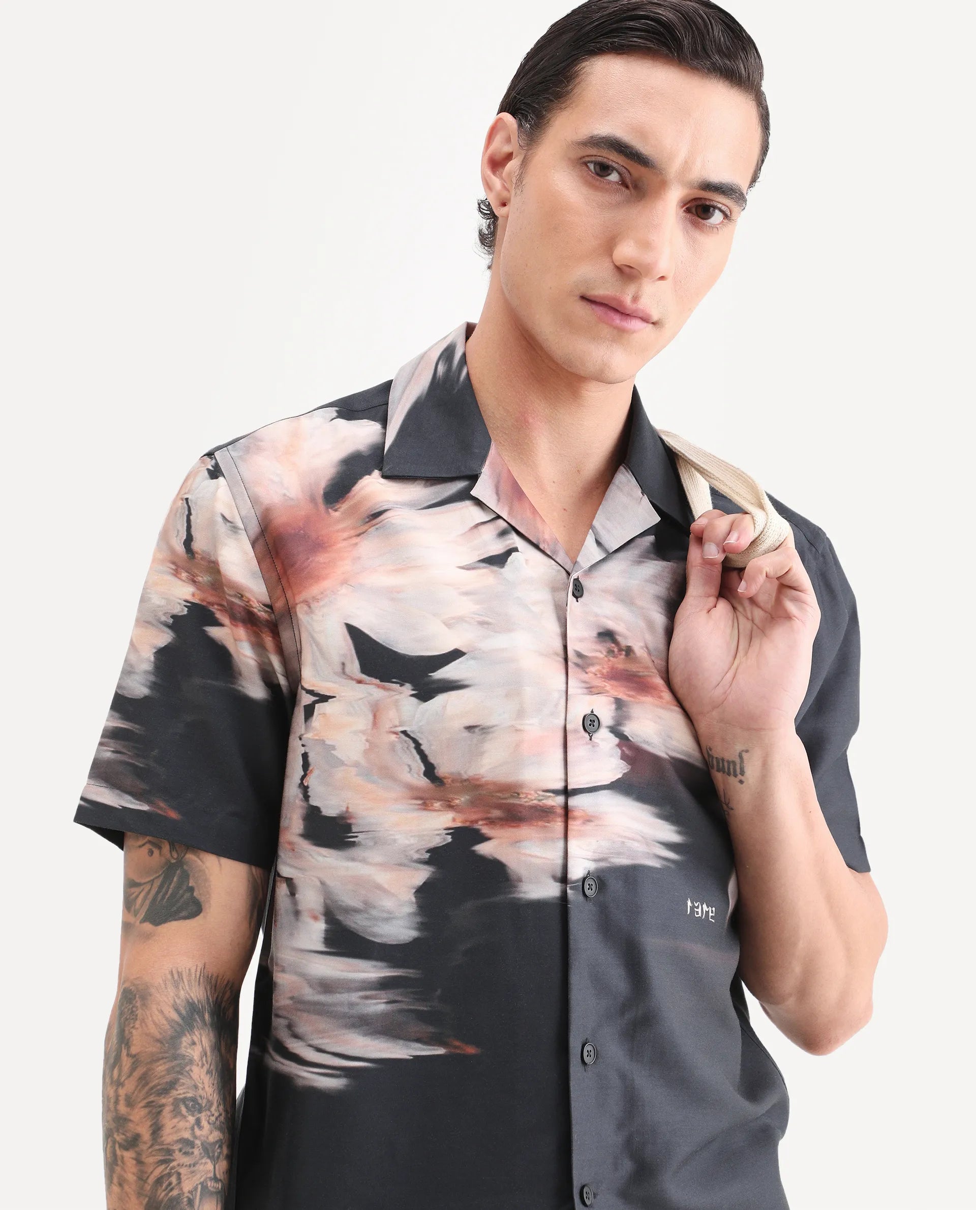 Rare Rabbit Men's Xava Black Cotton Blend Fabric Half Sleeve Regular Fit Floral Print Shirt