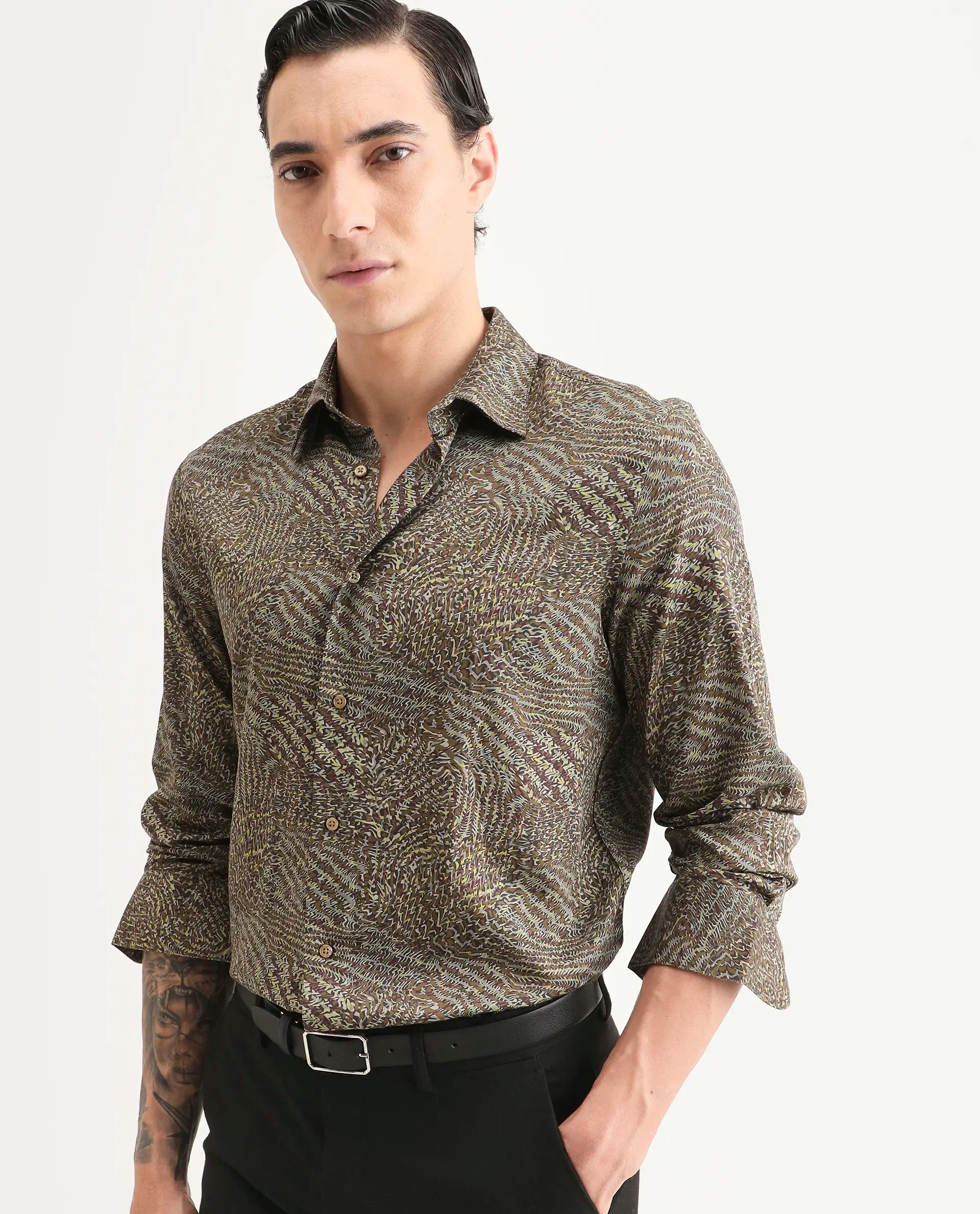 Rare Rabbit Men's Xion-2 Dusky Green Cotton Blend Fabric Full Sleeve Spread Collar Regular Fit Abstract Print Shirt