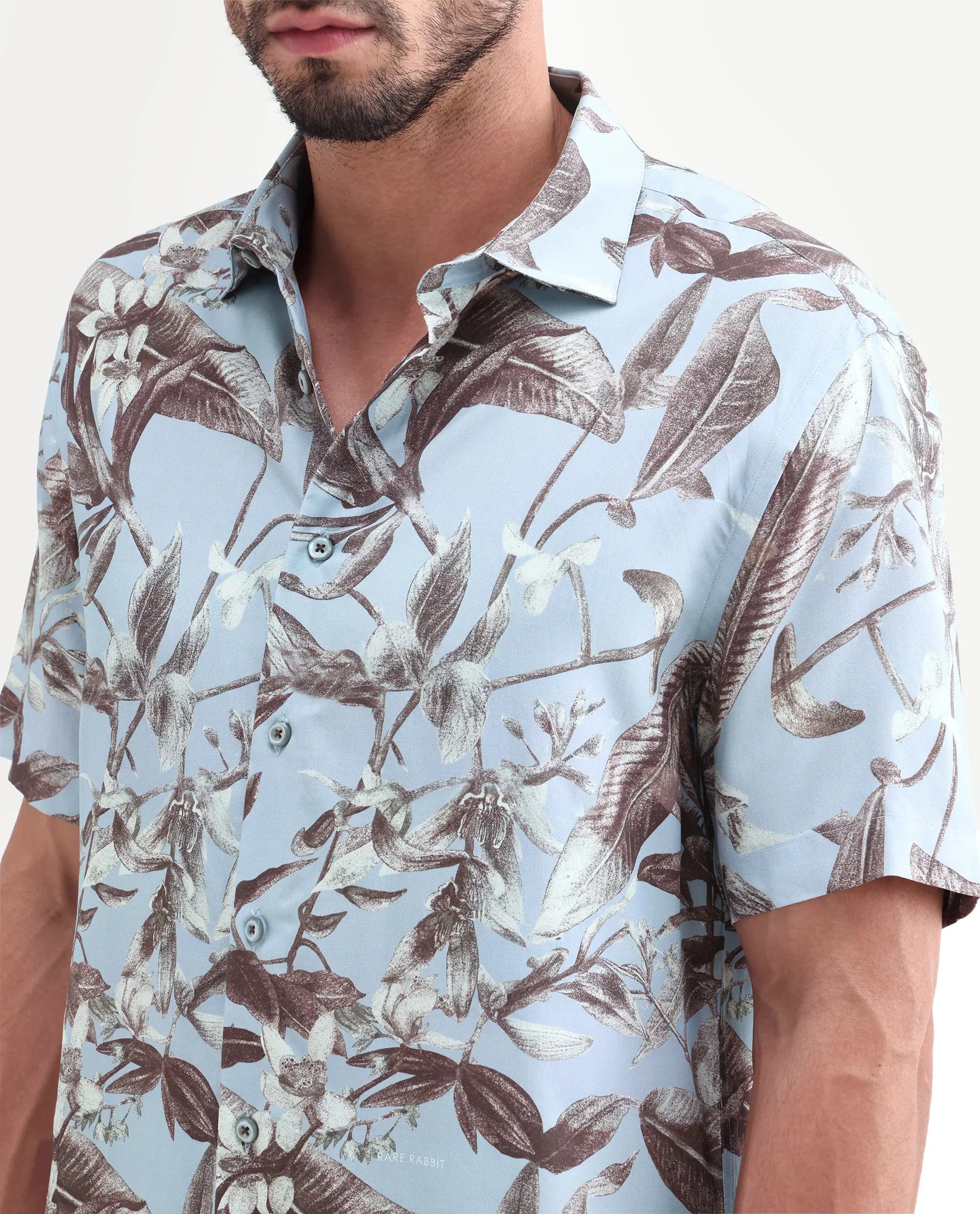 Rare Rabbit Men's Zime Dusky Blue Viscose Fabric Half Sleeve Cuban Collar Regular Fit Tropical Print Shirt
