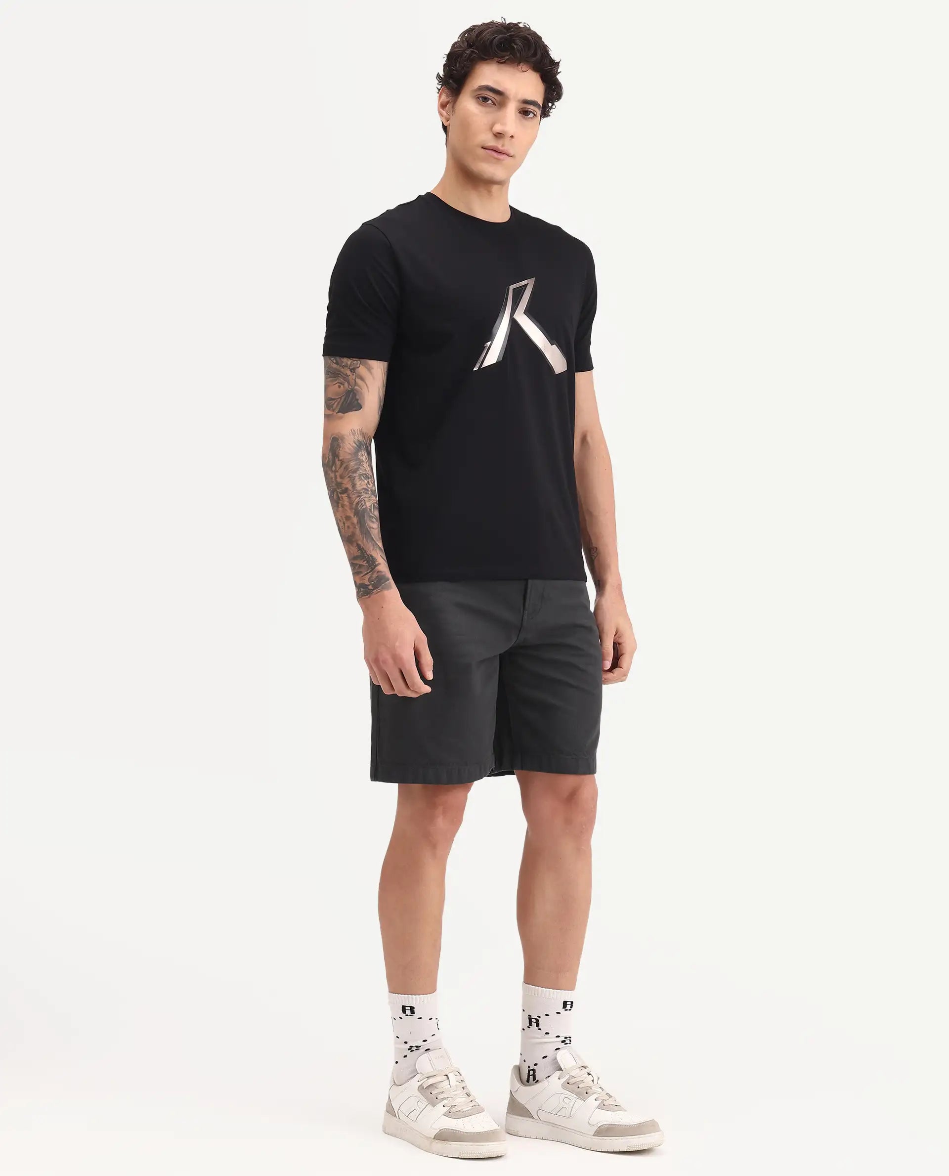 Rare Rabbit Men's Carp Dark Grey Cotton Fabric Regular Fit Plain Shorts