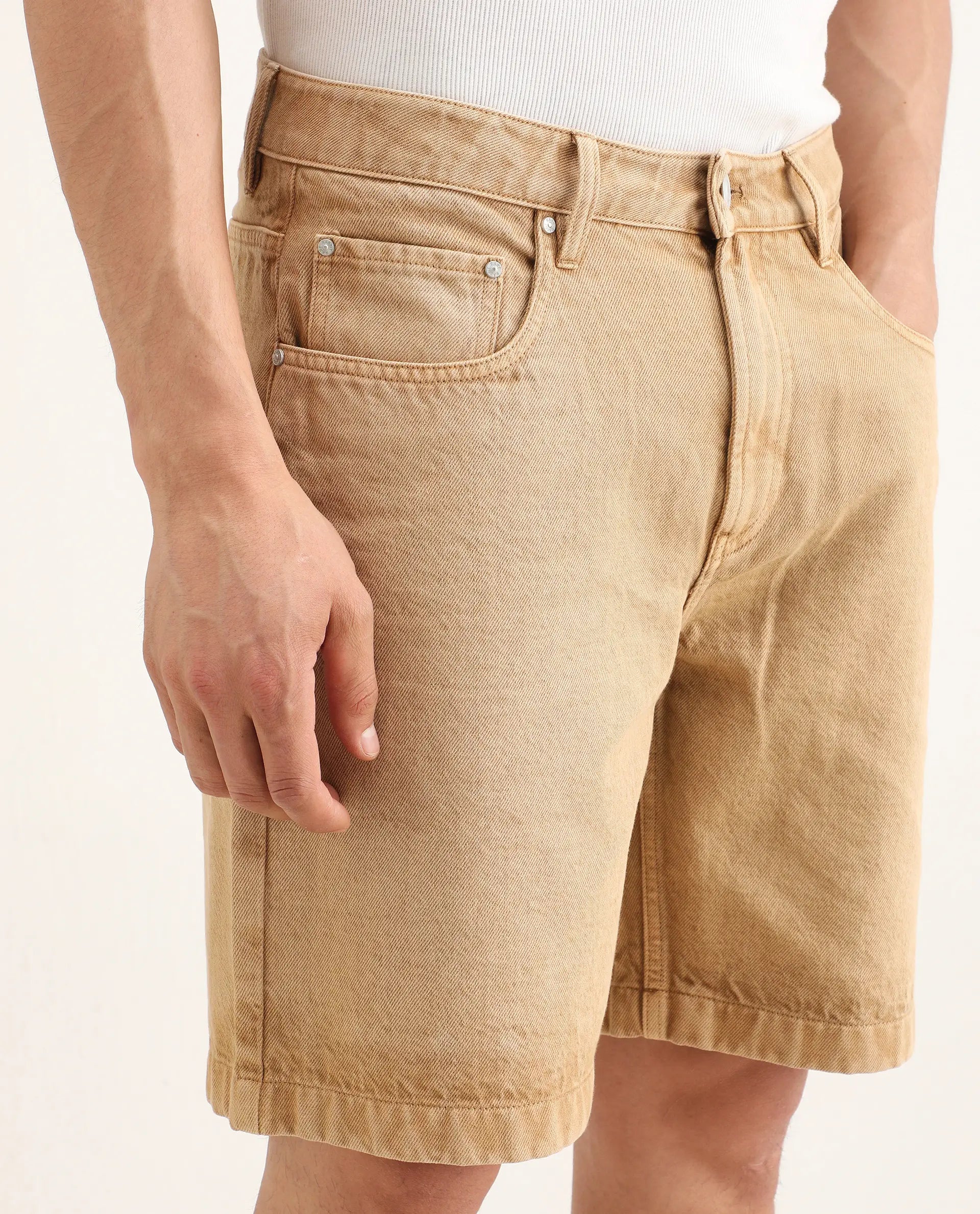 Rare Rabbit Men's Carp Khaki Cotton Fabric Relaxed Fit Plain Shorts