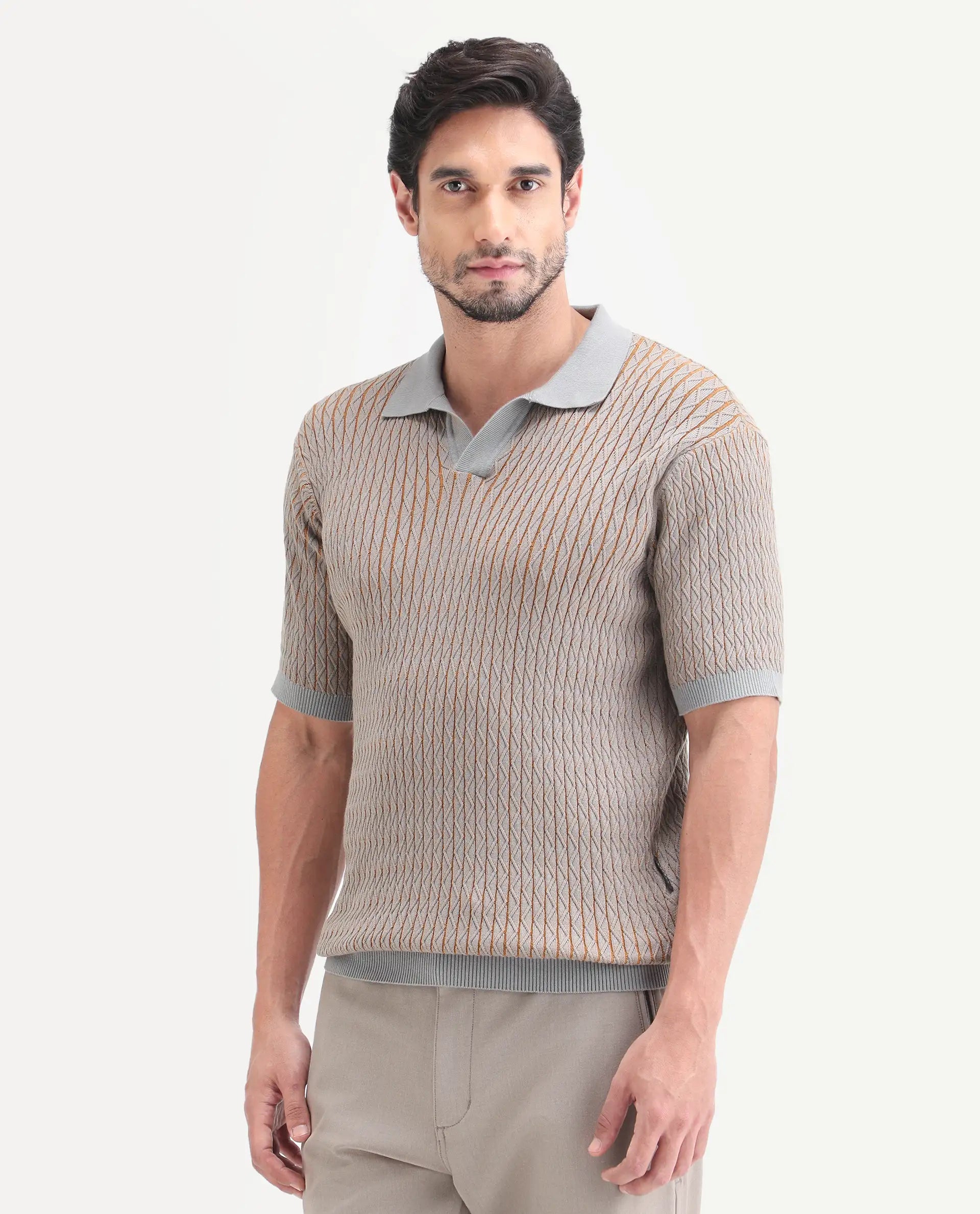 Rare Rabbit Men's Dot Light Grey Cotton Fabric Half Sleeve Regular Fit Textured Polo