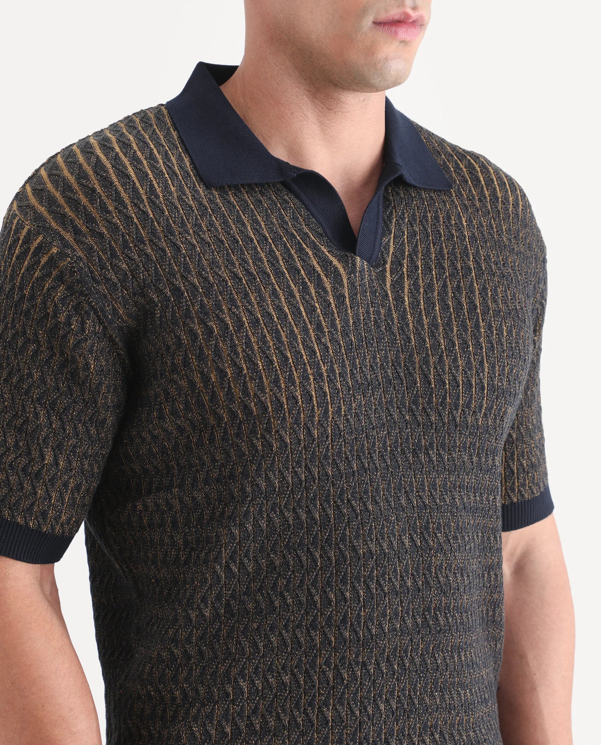 Rare Rabbit Men's Dot Navy Cotton Fabric Half Sleeve Regular Fit Textured Polo