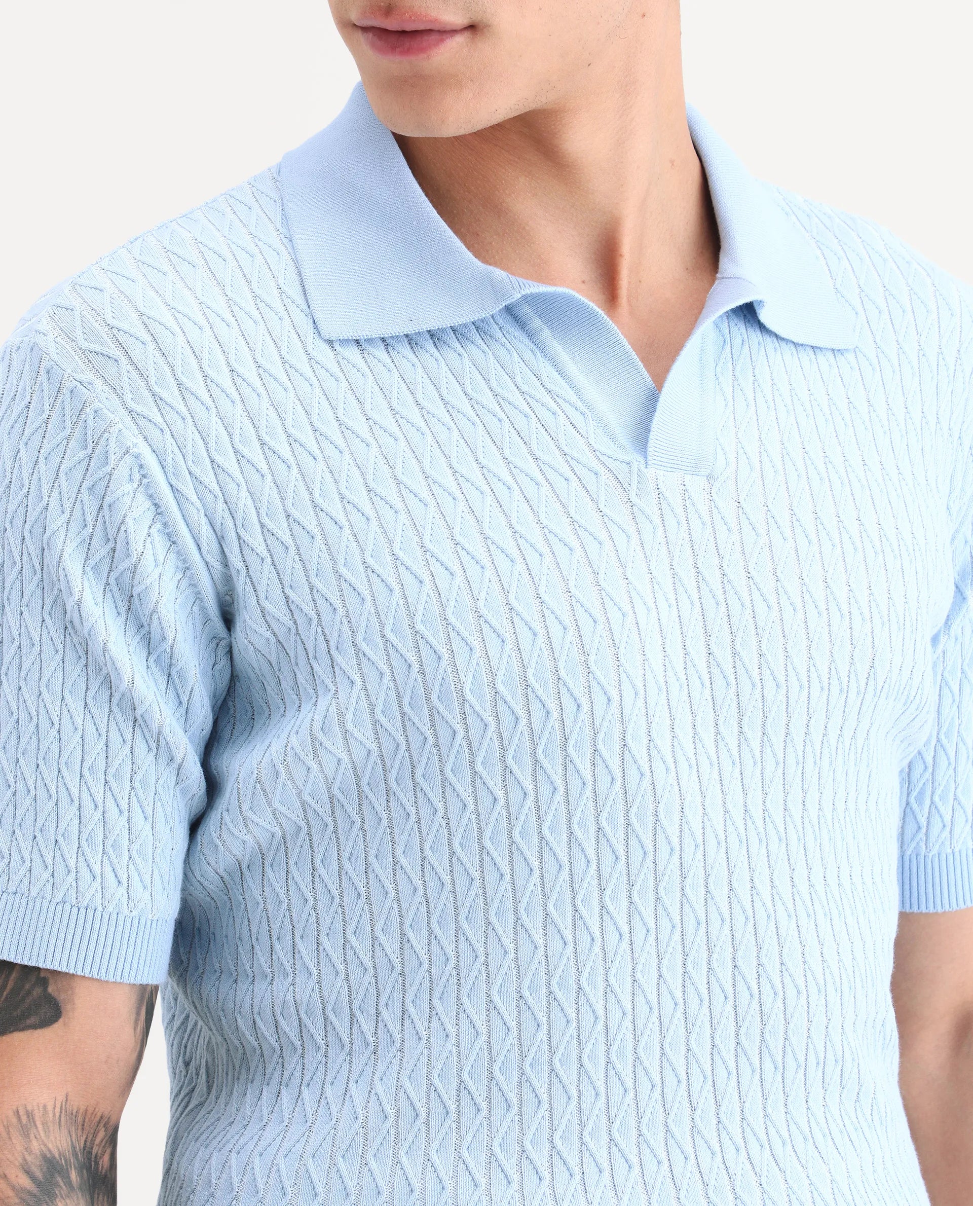 Rare Rabbit Men's Dot Light Blue Cotton Fabric Full Sleeve Regular Fit Textured Polo