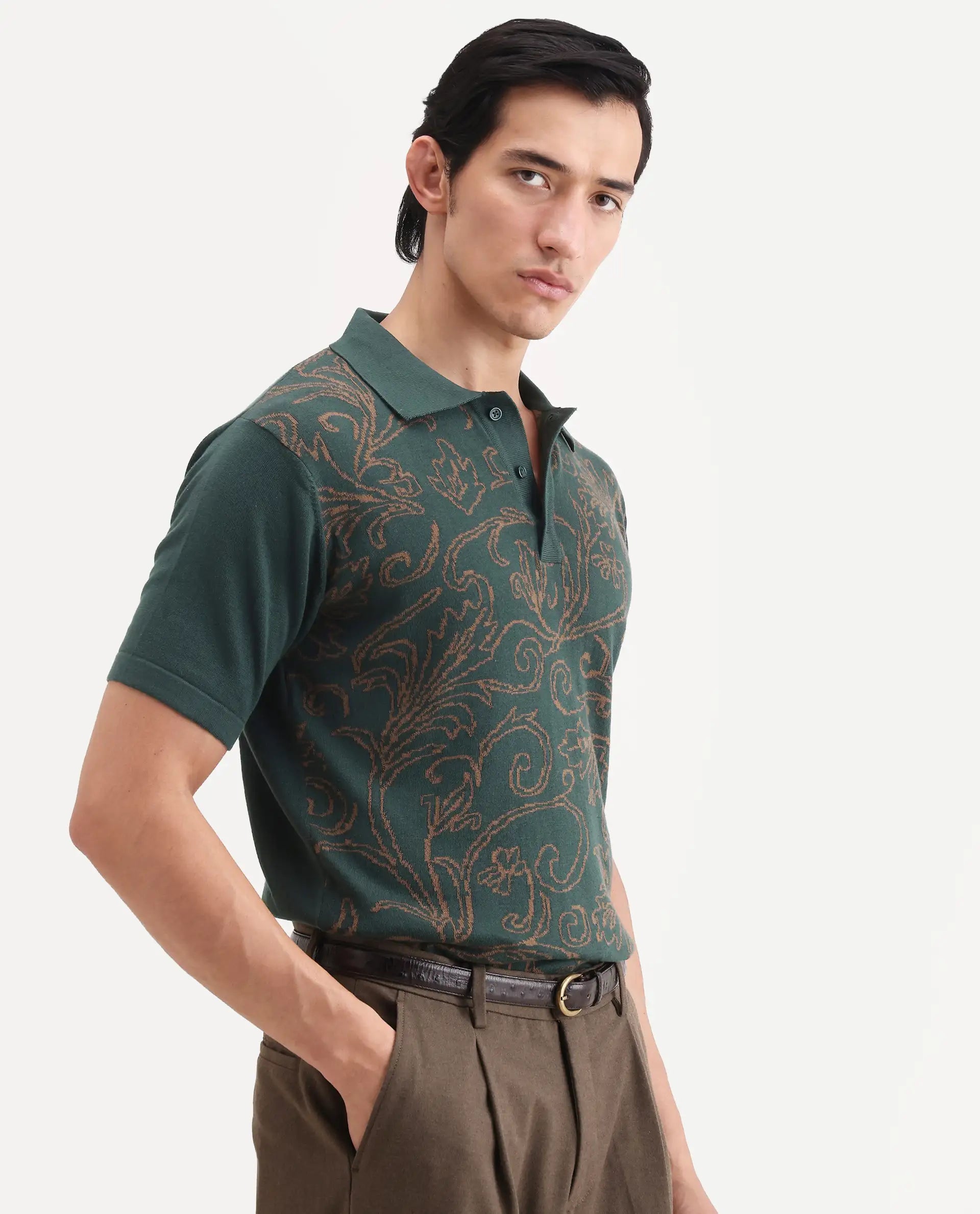 Rare Rabbit Men's Par Dark Green Cotton Fabric Full Sleeve Regular Fit Floral Print Polo