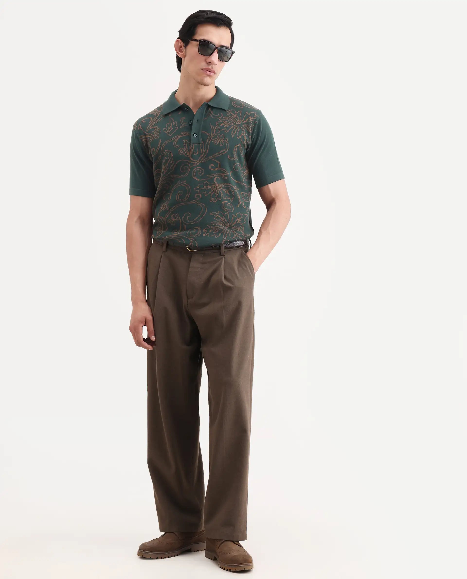 Rare Rabbit Men's Par Dark Green Cotton Fabric Full Sleeve Regular Fit Floral Print Polo