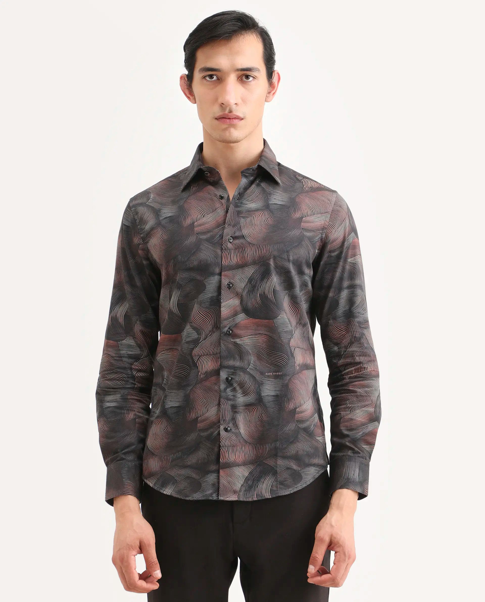 Rare Rabbit Men's Tuan Ls Brown Cotton Fabric Full Sleeve Spread Collar Regular Fit Abstract Print Shirt