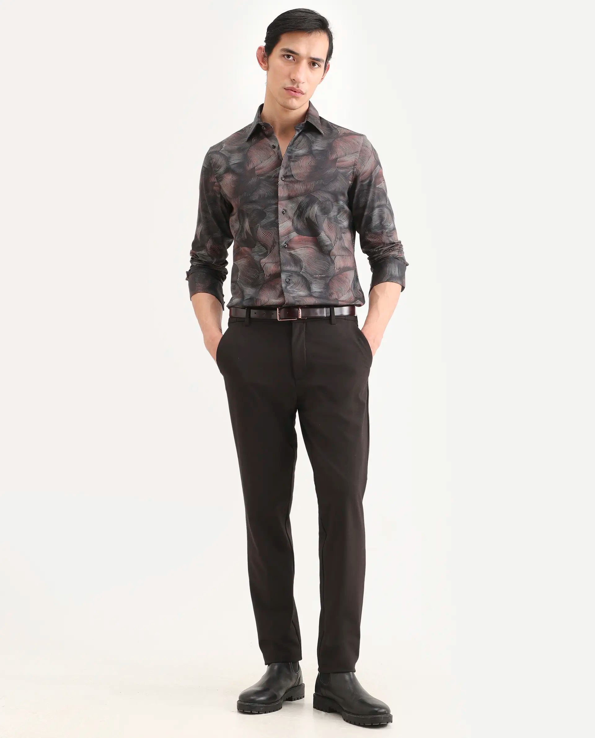 Rare Rabbit Men's Tuan Ls Brown Cotton Fabric Full Sleeve Spread Collar Regular Fit Abstract Print Shirt