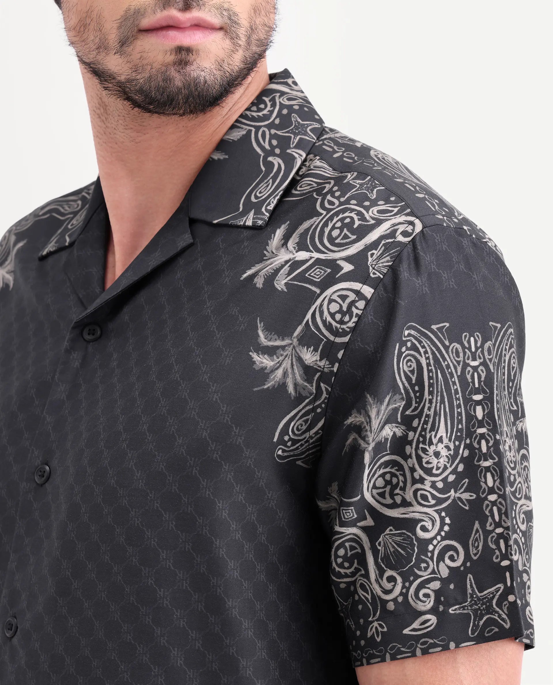 Rare Rabbit Men's Boso Black Cotton Blend Fabric Half Sleeve Cuban Collar Regular Fit Monogram Print Shirt