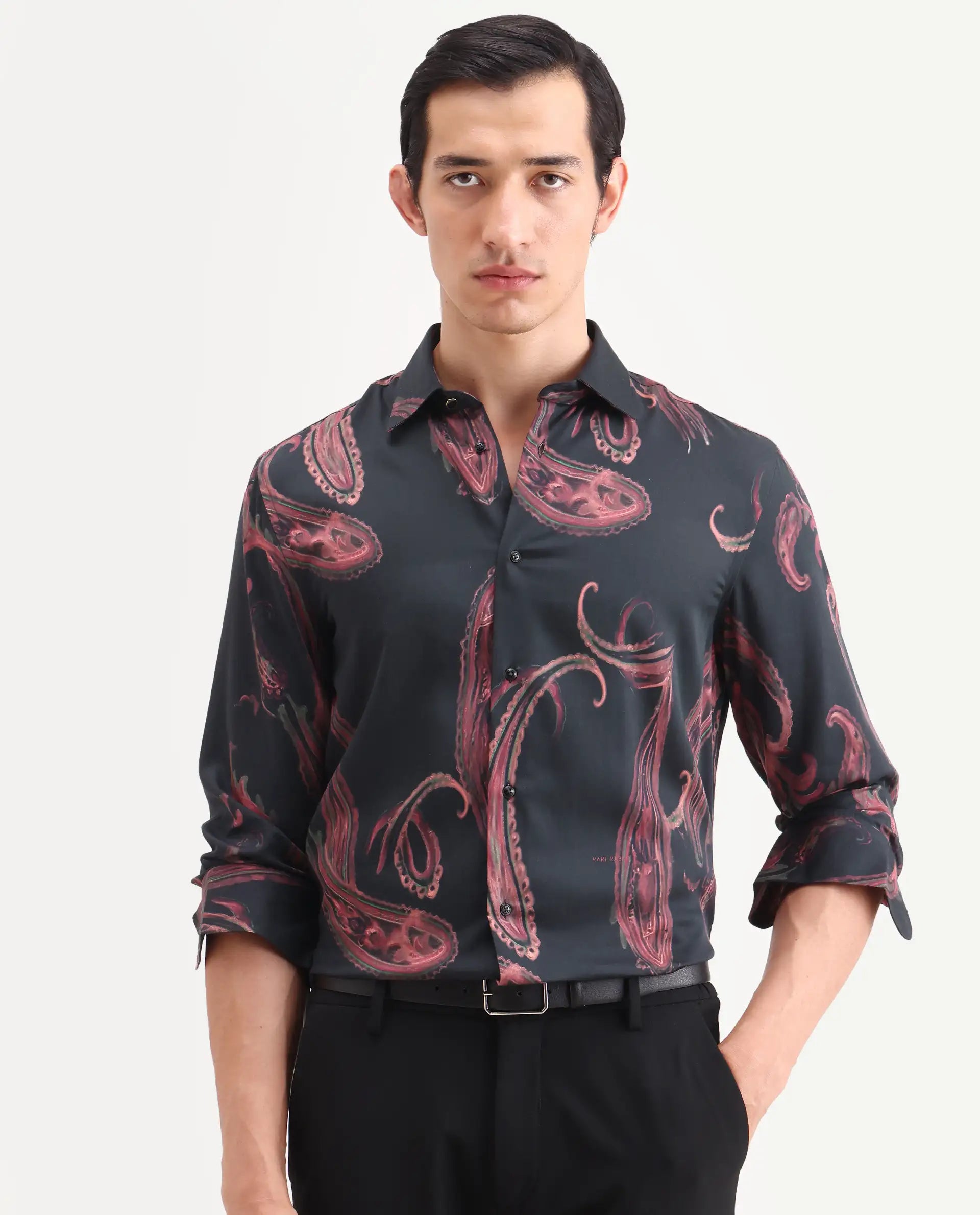 Rare Rabbit Men's Elvo Black Cotton Blend Fabric Full Sleeve Spread Collar Regular Fit Paisley Print Shirt