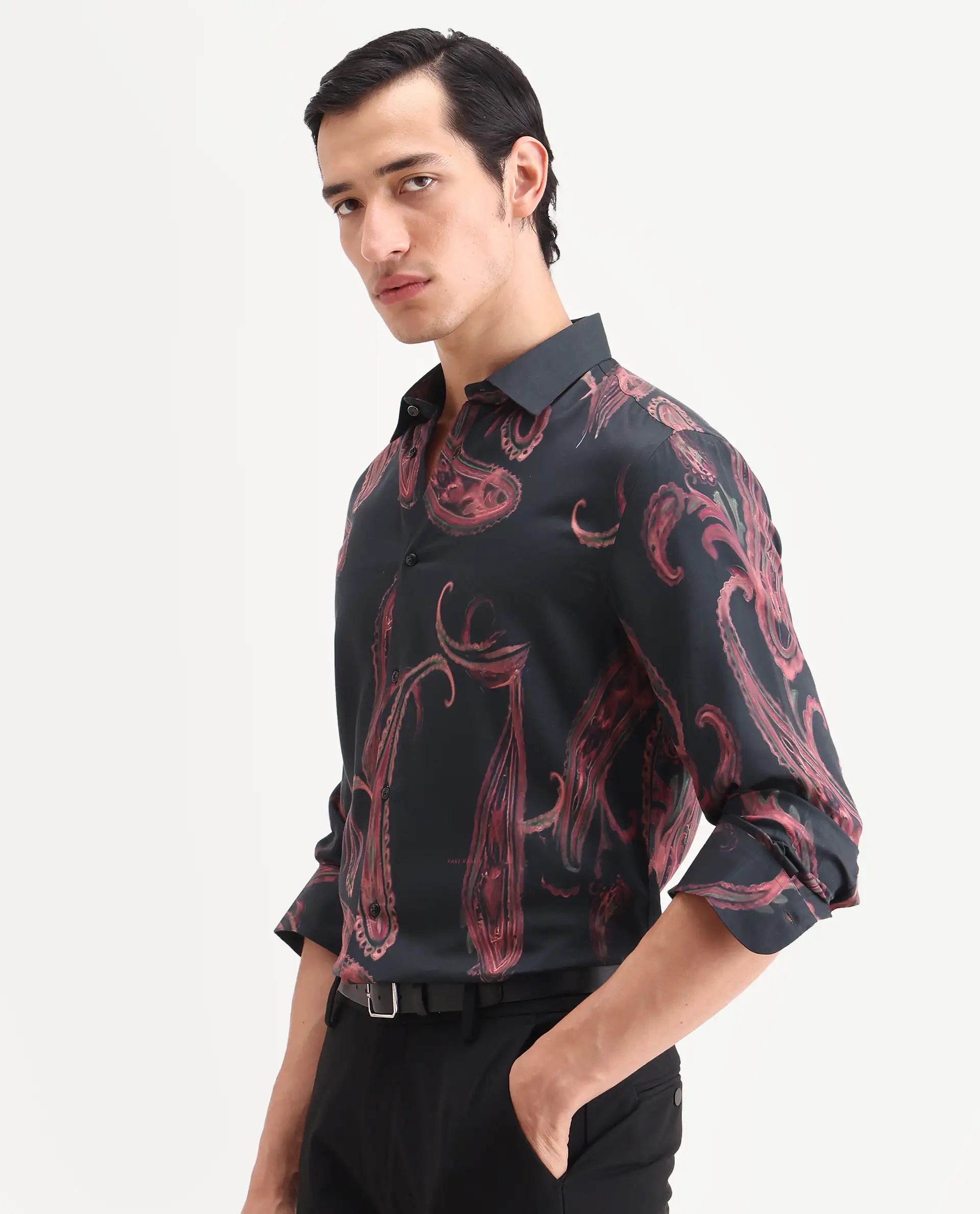 Rare Rabbit Men's Elvo Black Cotton Blend Fabric Full Sleeve Spread Collar Regular Fit Paisley Print Shirt