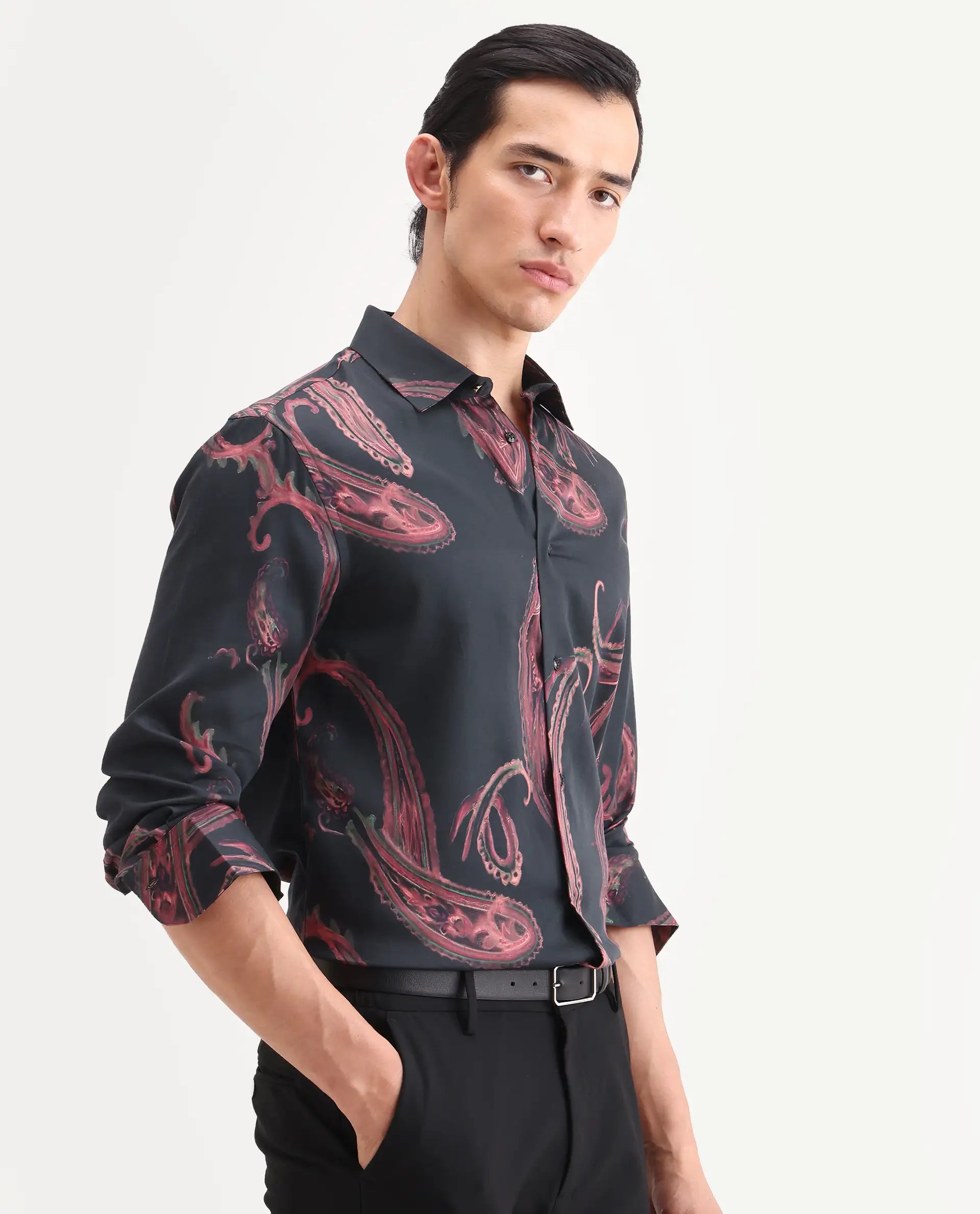 Rare Rabbit Men's Elvo Black Cotton Blend Fabric Full Sleeve Spread Collar Regular Fit Paisley Print Shirt