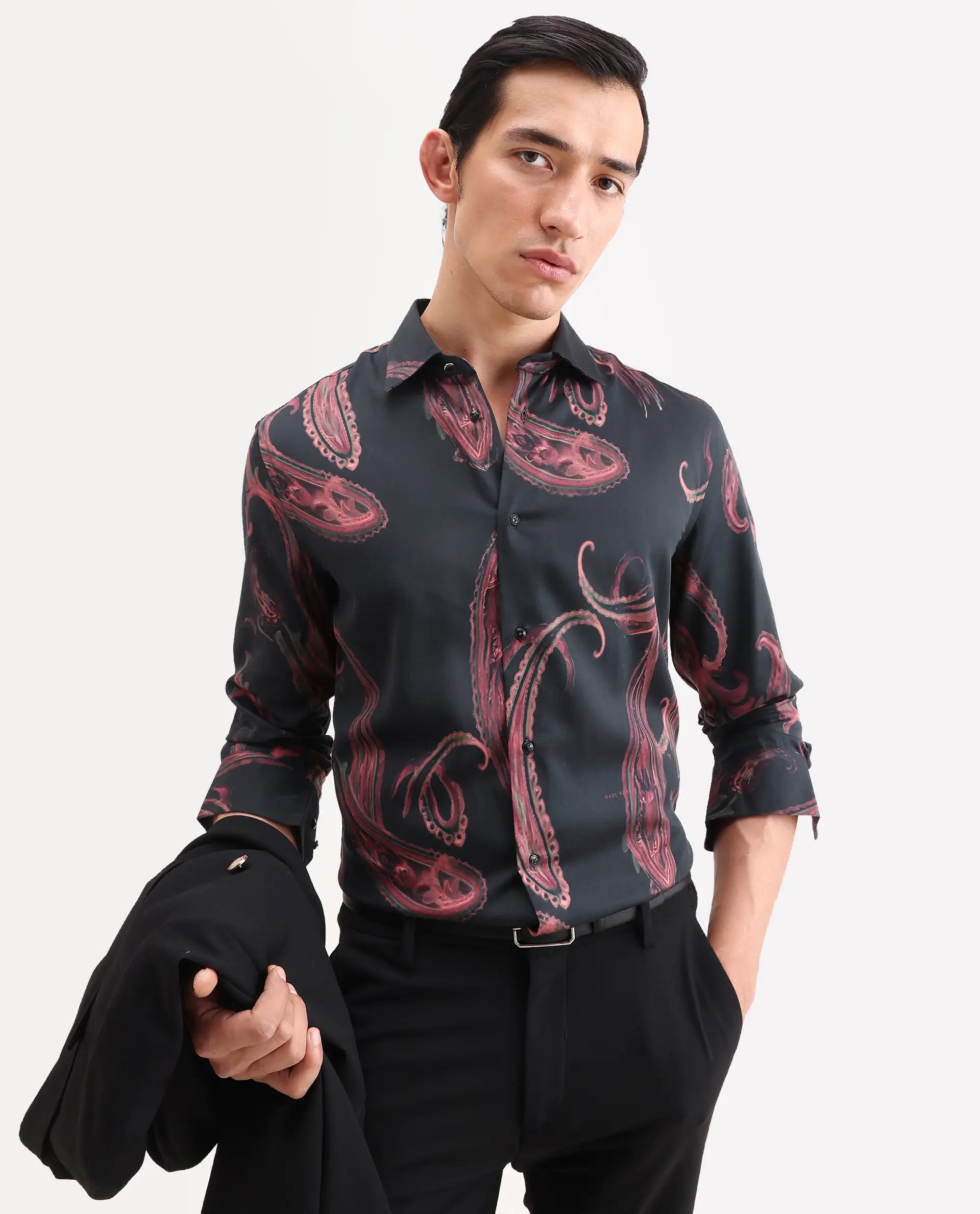 Rare Rabbit Men's Elvo Black Cotton Blend Fabric Full Sleeve Spread Collar Regular Fit Paisley Print Shirt