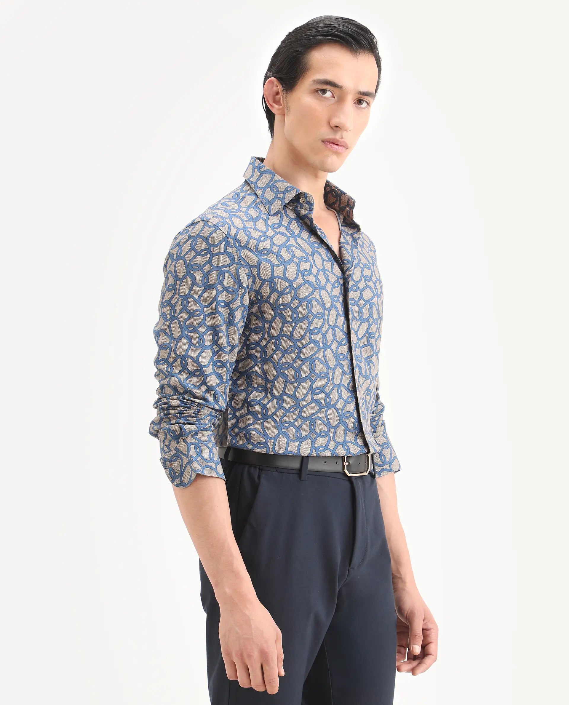 Rare Rabbit Men's Ivek Dusky Beige Viscose Fabric Full Sleeve Spread Collar Regular Fit Geometric Print Shirt