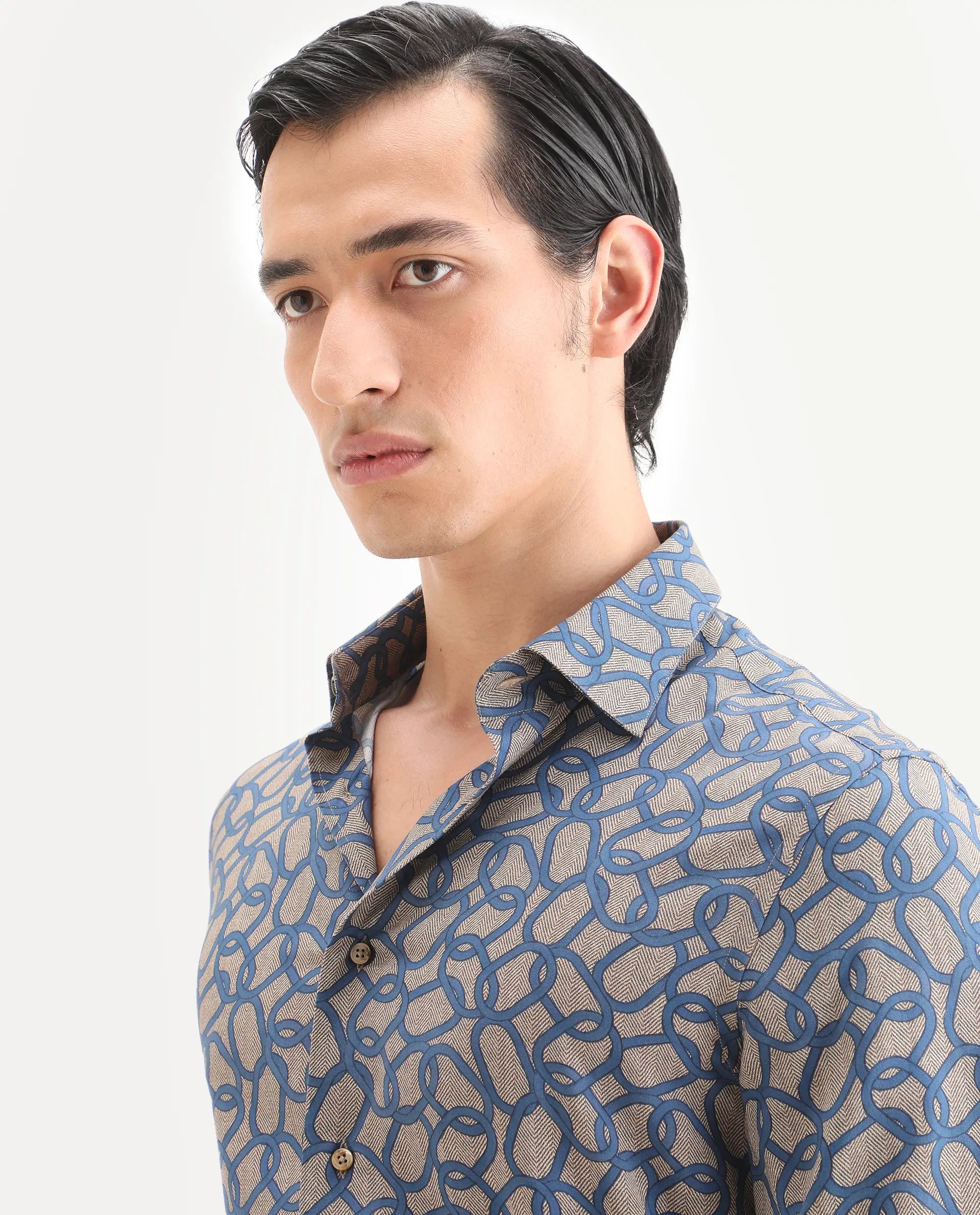 Rare Rabbit Men's Ivek Dusky Beige Viscose Fabric Full Sleeve Spread Collar Regular Fit Geometric Print Shirt