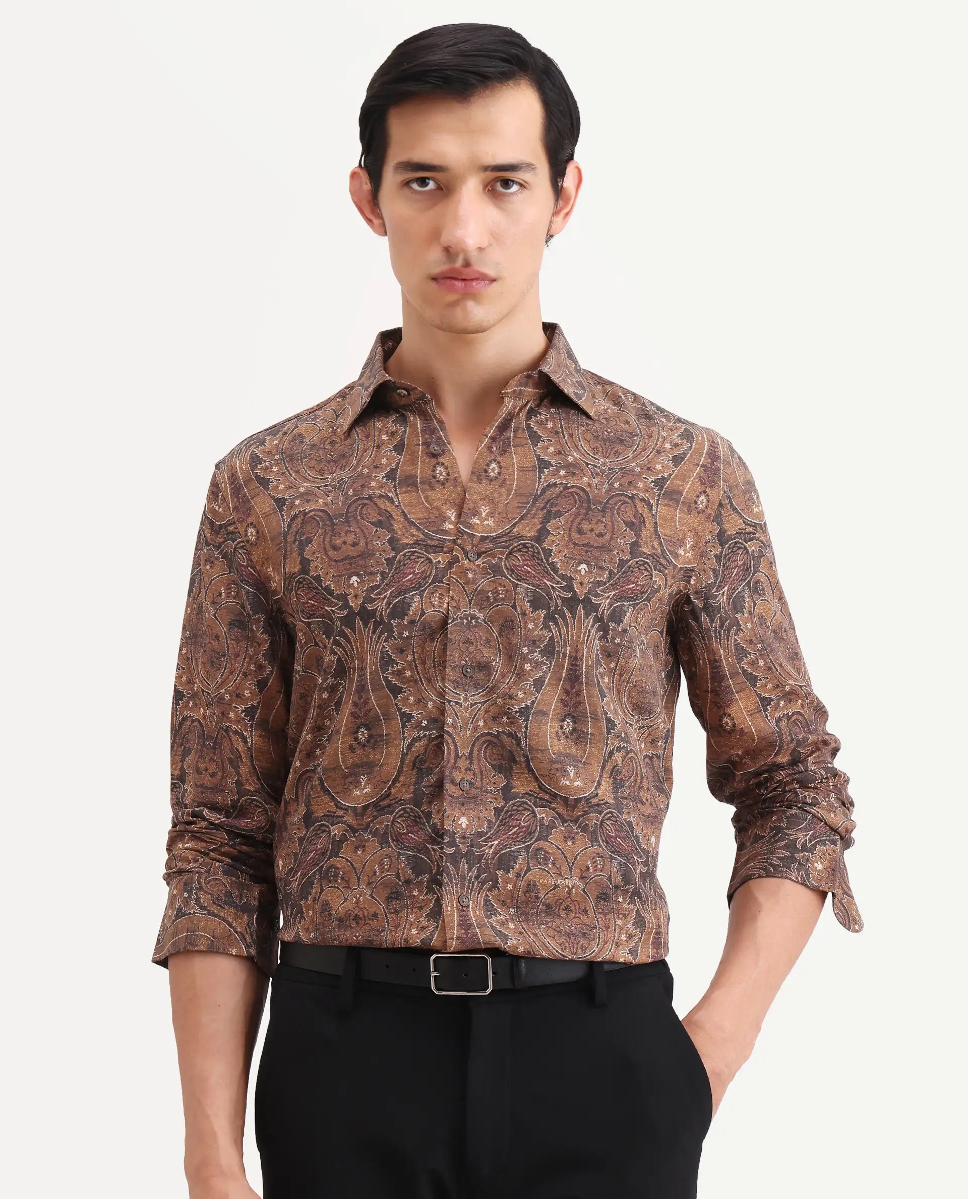 Rare Rabbit Men's Zoie Dusky Mustard Viscose Fabric Full Sleeve Spread Collar Regular Fit Paisley Print Shirt