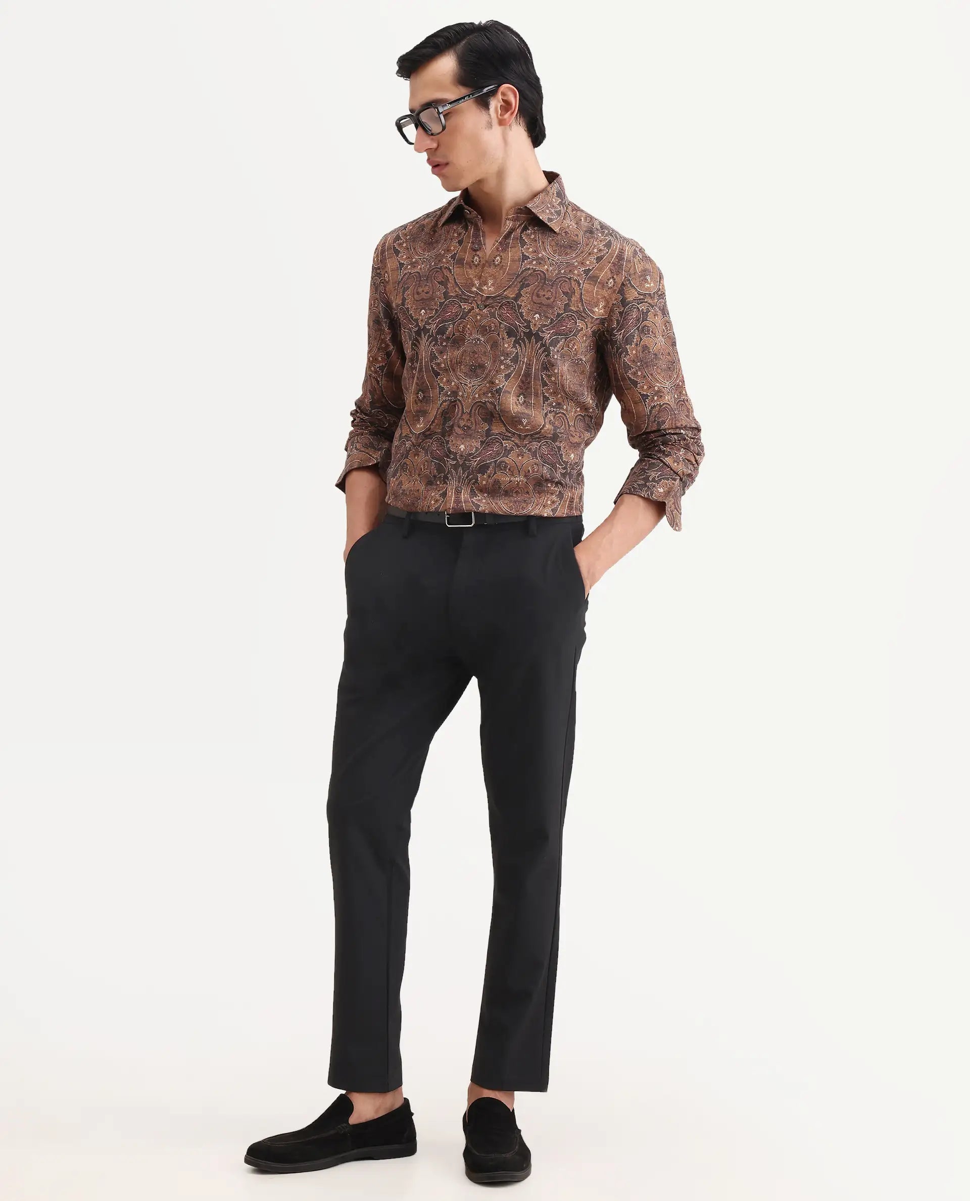Rare Rabbit Men's Zoie Dusky Mustard Viscose Fabric Full Sleeve Spread Collar Regular Fit Paisley Print Shirt