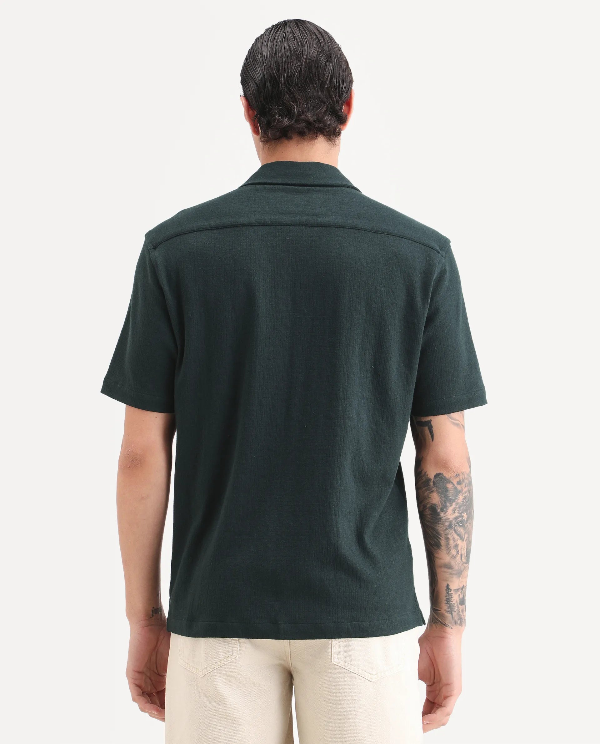Rare Rabbit Men's Kelos-26 Dark Teal Cotton Blend Fabric Half Sleeve Cuban Collar Regular Fit Plain Shirt