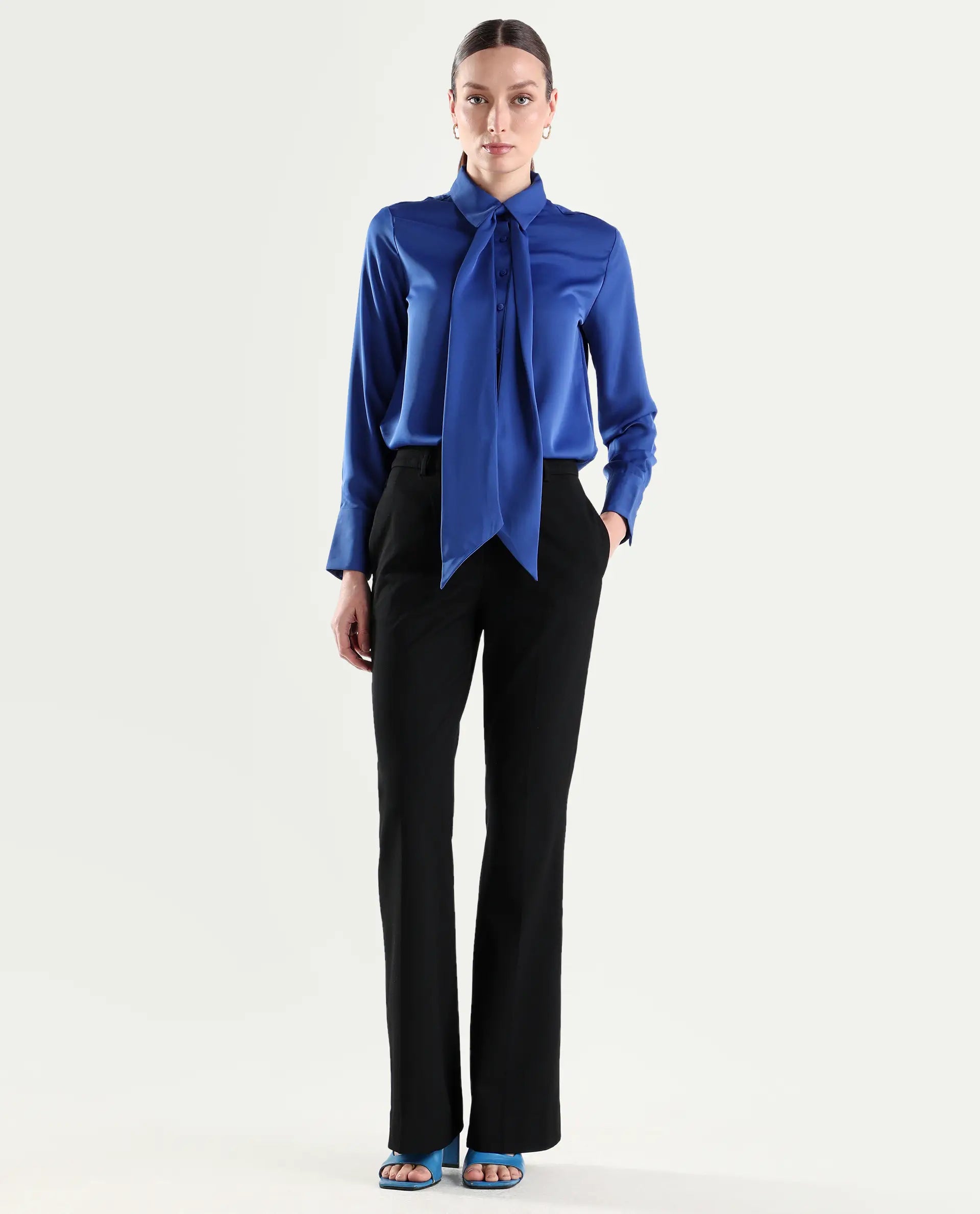 Rareism Women's Frare Black Viscose Fabric Bootcut Plain Trouser