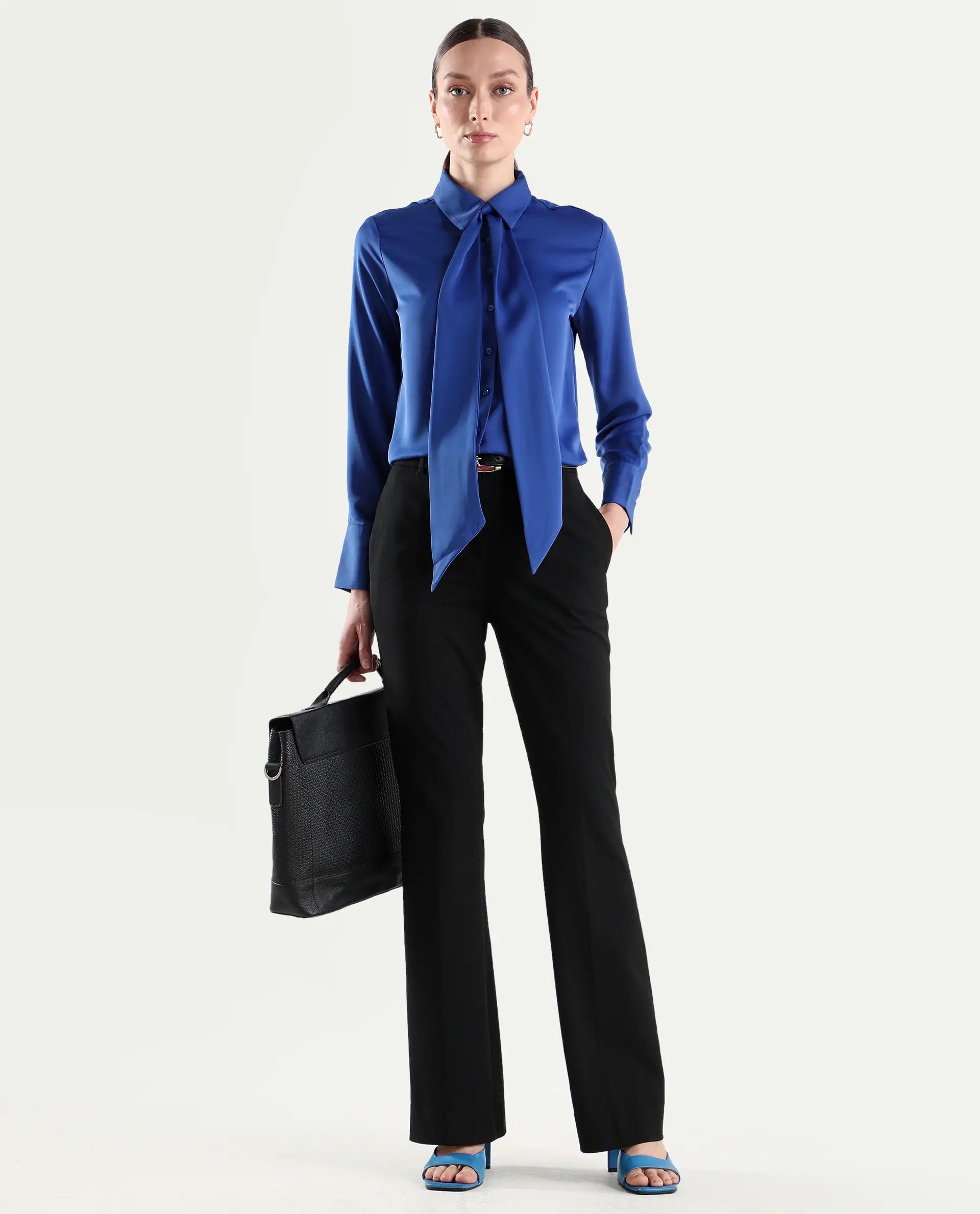 Rareism Women's Frare Black Viscose Fabric Bootcut Plain Trouser