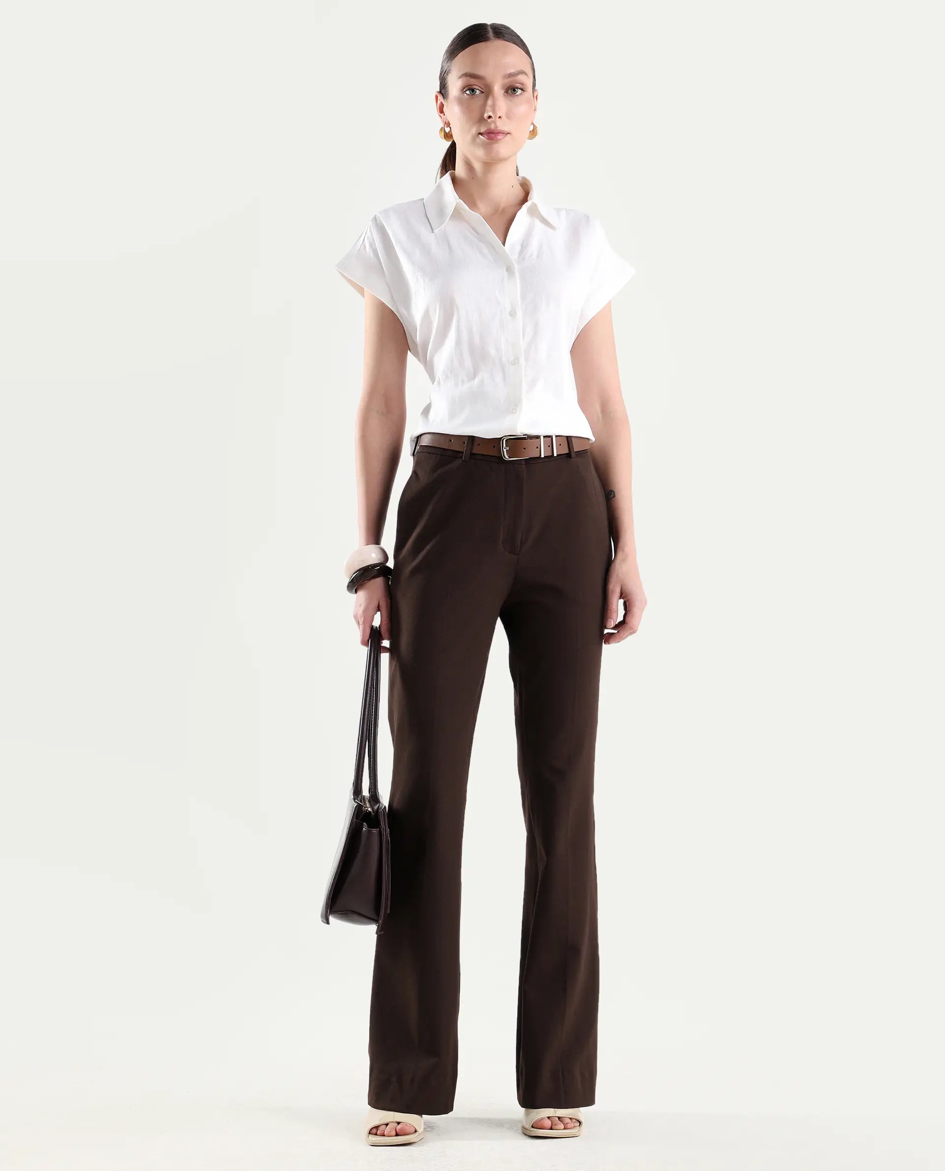 Rareism Women's Frare Brown Viscose Fabric Bootcut Plain Trouser