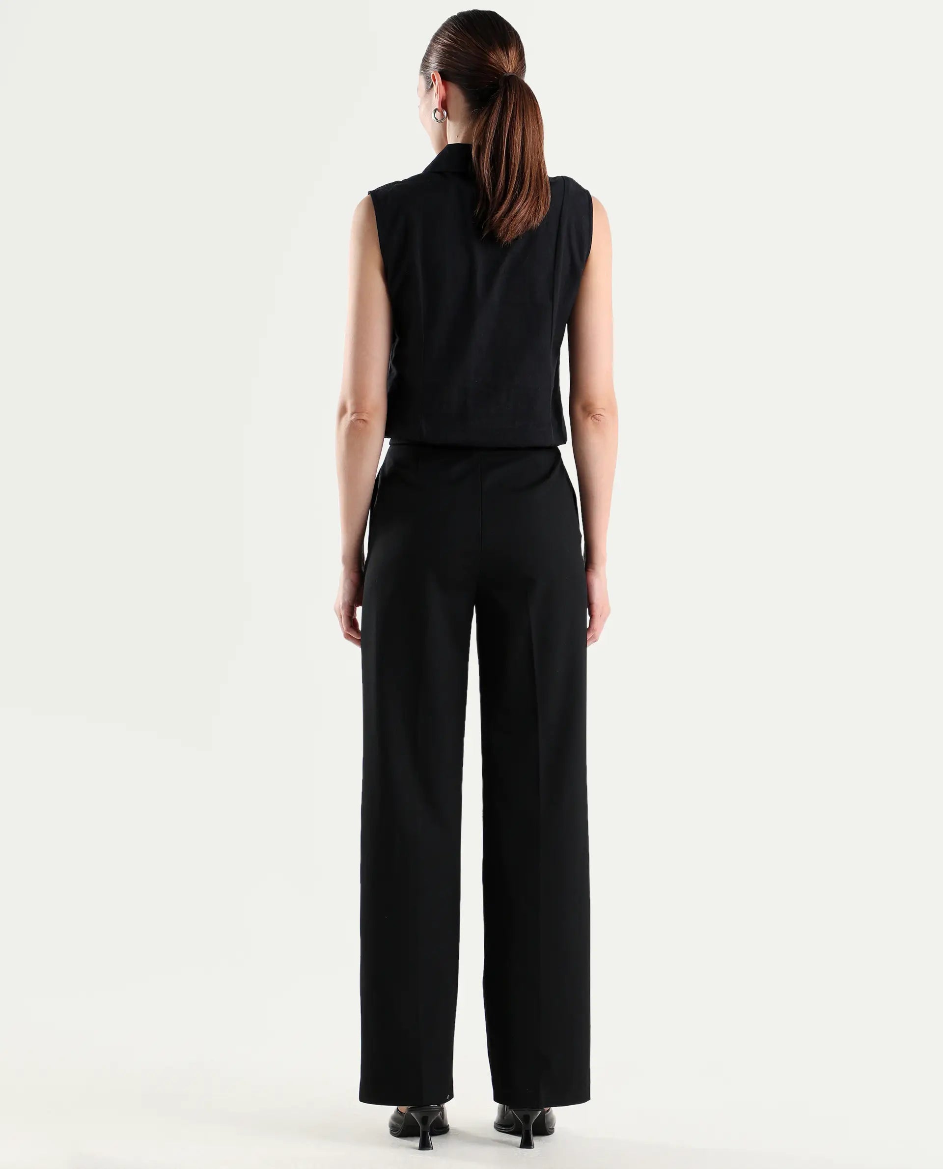 Rareism Women's Srait-1 Black Polyester Blend Fabric Straight Plain Trouser