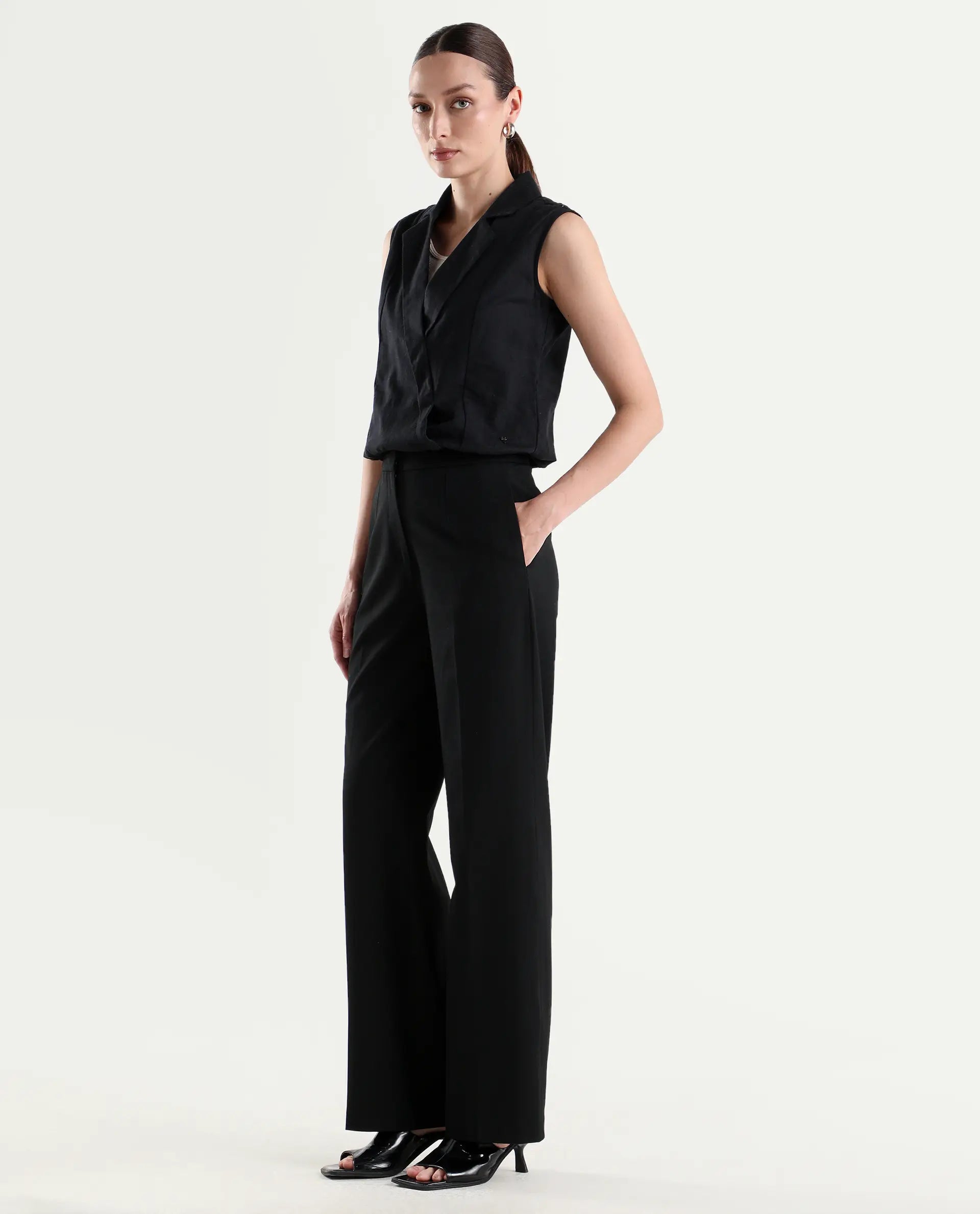 Rareism Women's Srait-1 Black Polyester Blend Fabric Straight Plain Trouser