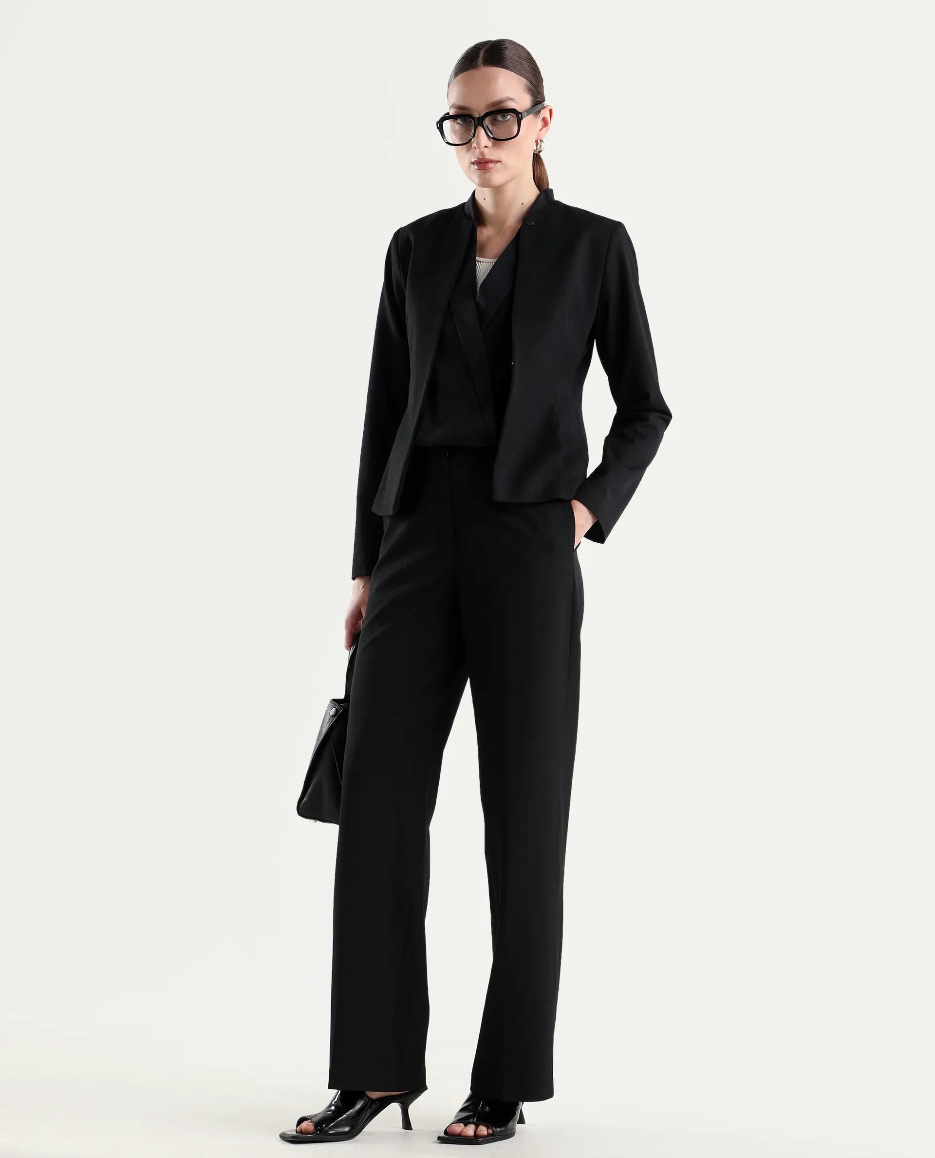Rareism Women's Srait-1 Black Polyester Blend Fabric Straight Plain Trouser