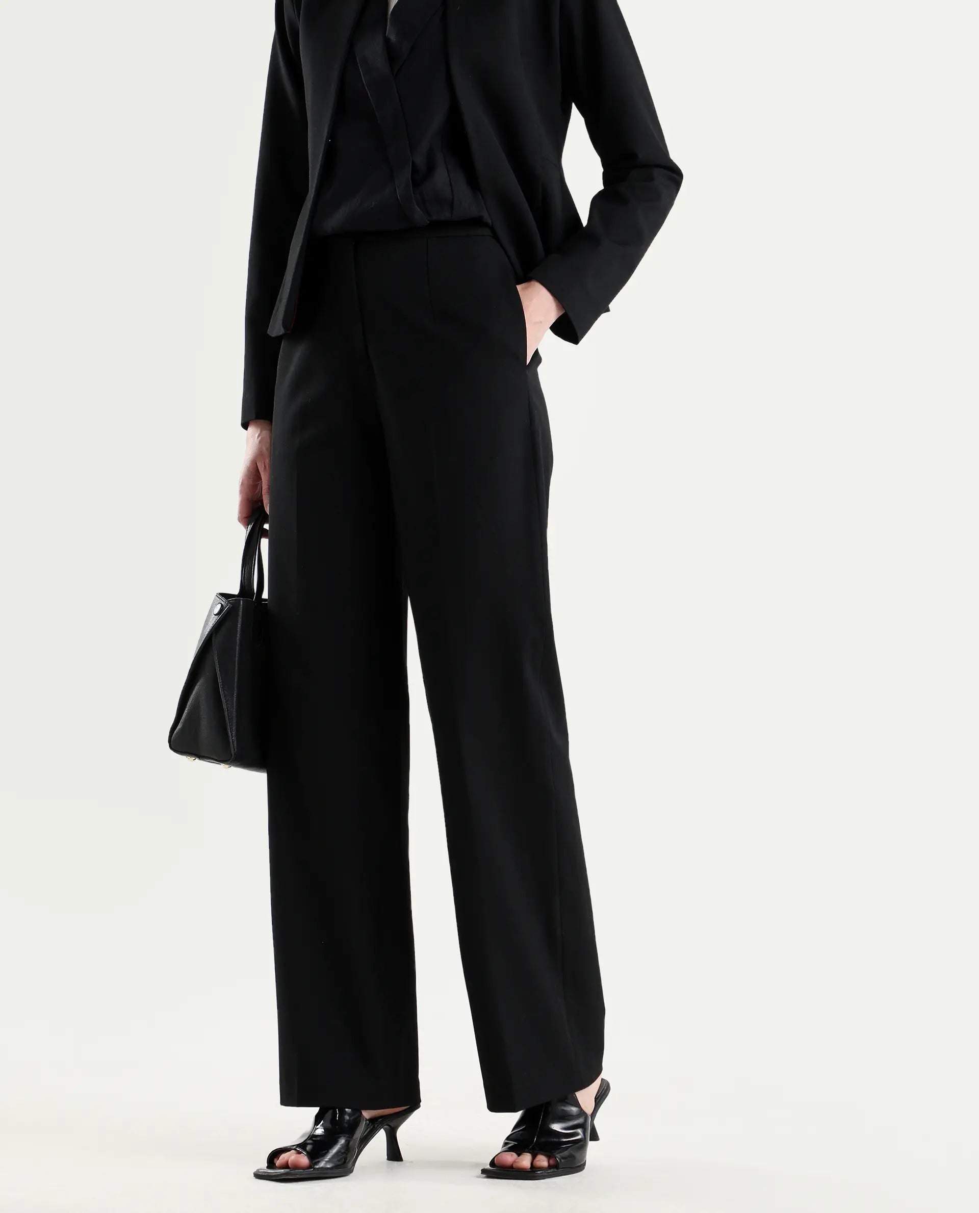 Rareism Women's Srait-1 Black Polyester Blend Fabric Straight Plain Trouser
