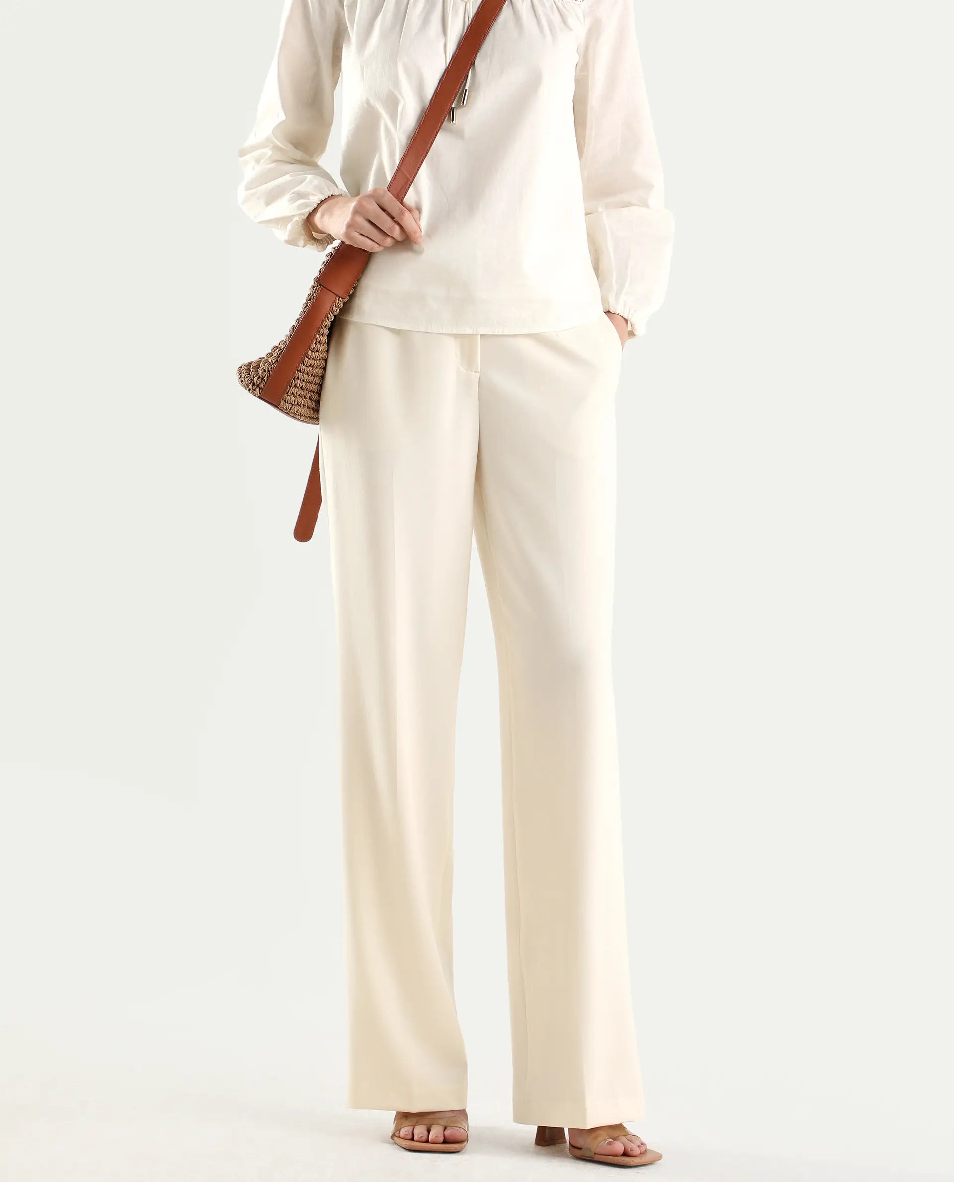 Rareism Women's Srait-1 Off White Polyester Blend Fabric Straight Plain Trouser