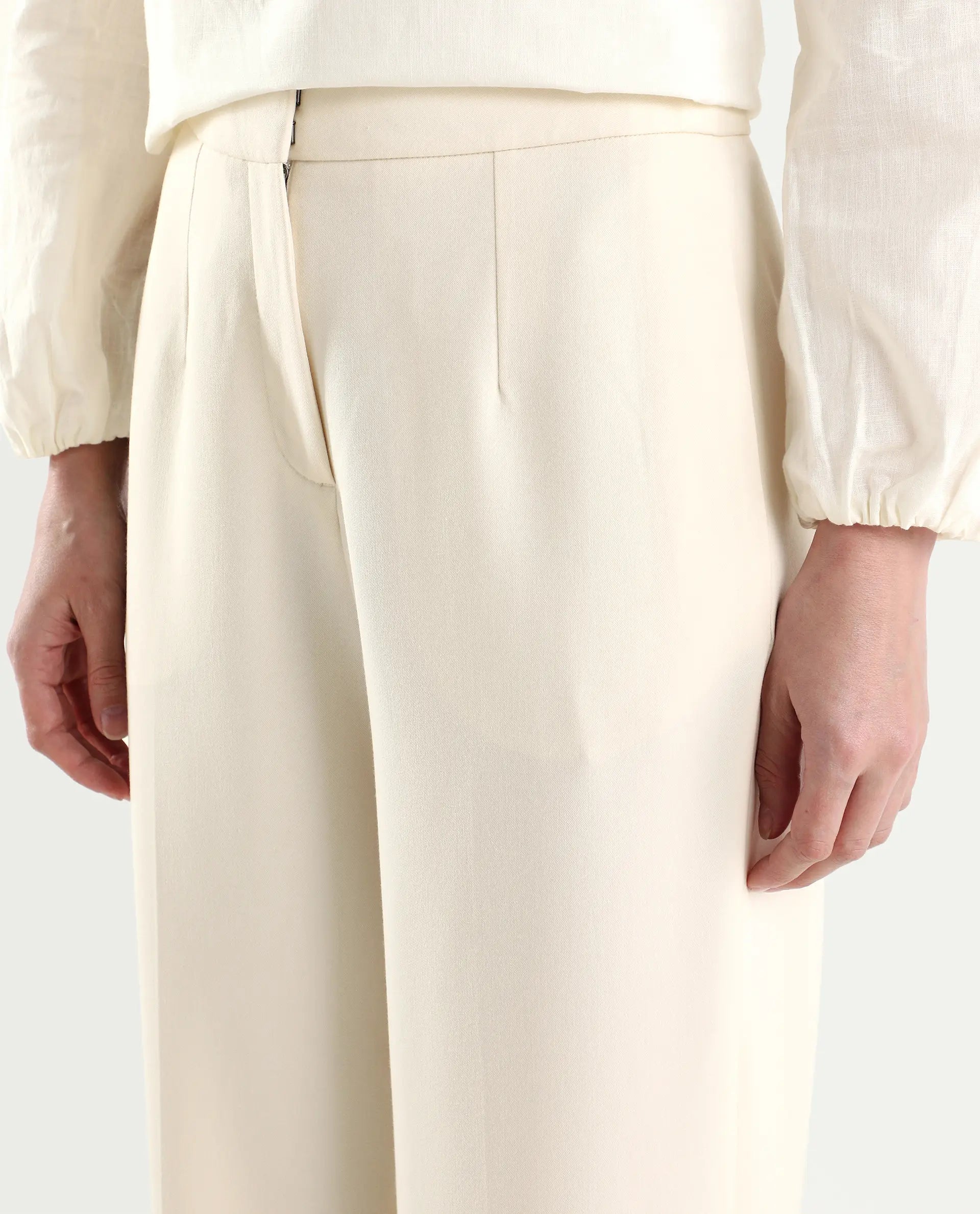 Rareism Women's Srait-1 Off White Polyester Blend Fabric Straight Plain Trouser