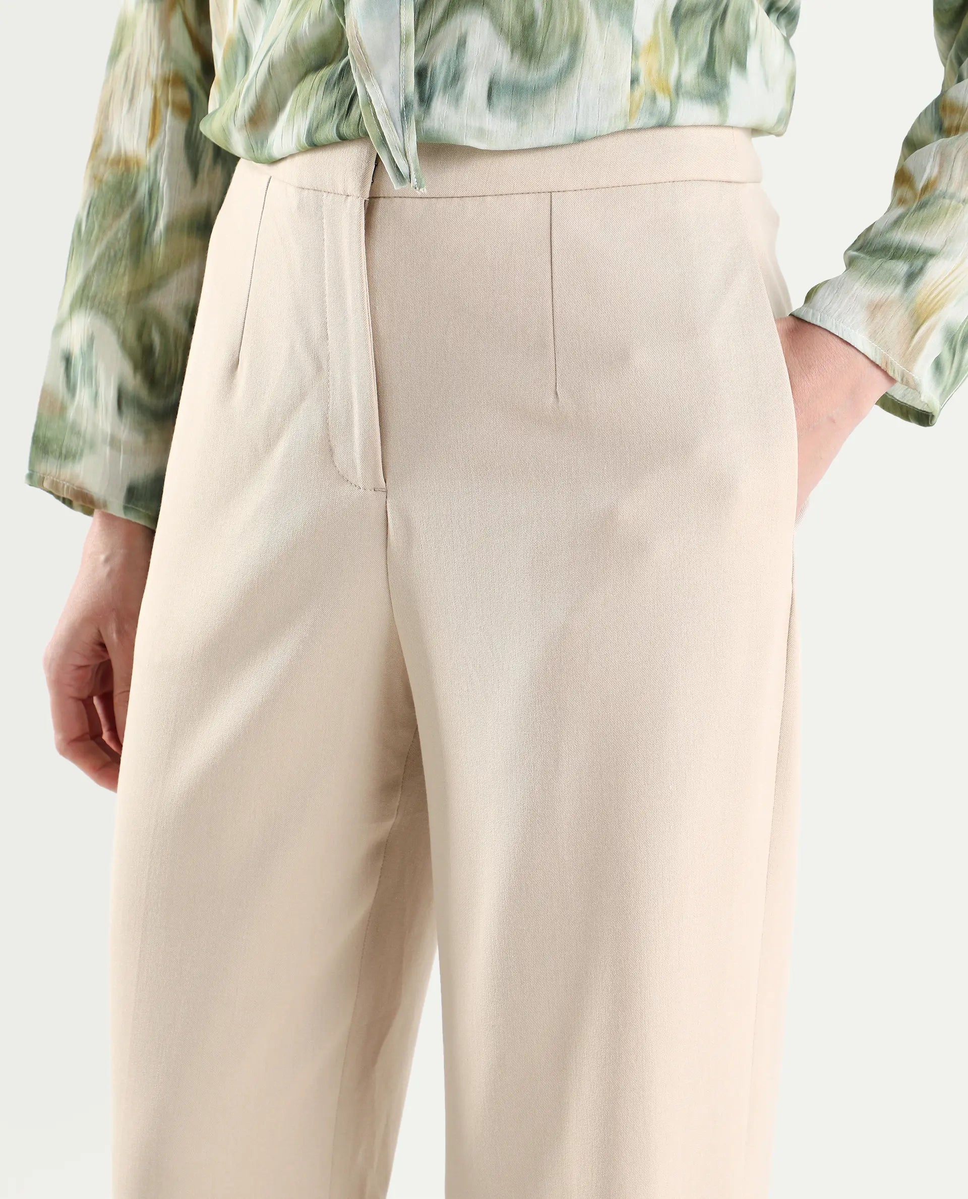 Rareism Women's Srait-1 Beige Polyester Blend Fabric Straight Plain Trouser