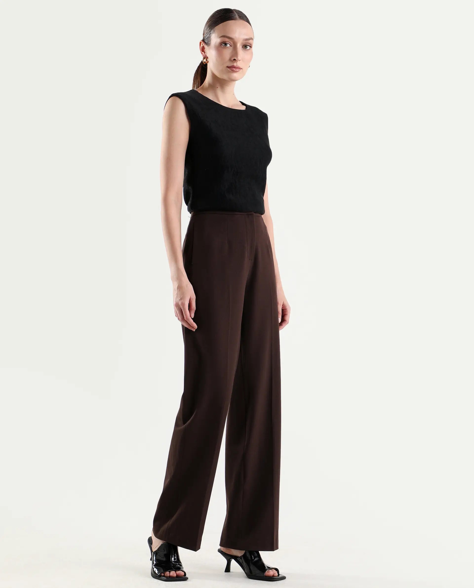 Rareism Women's Srait-1 Brown Polyester Blend Fabric Straight Plain Trouser