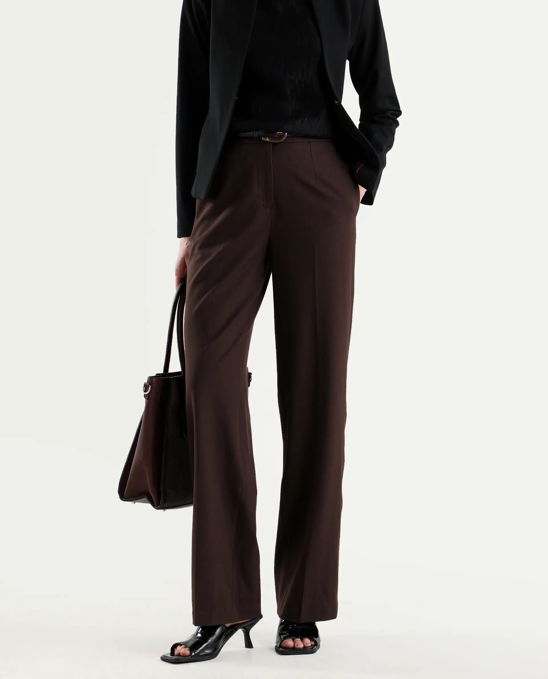 Rareism Women's Srait-1 Brown Polyester Blend Fabric Straight Plain Trouser