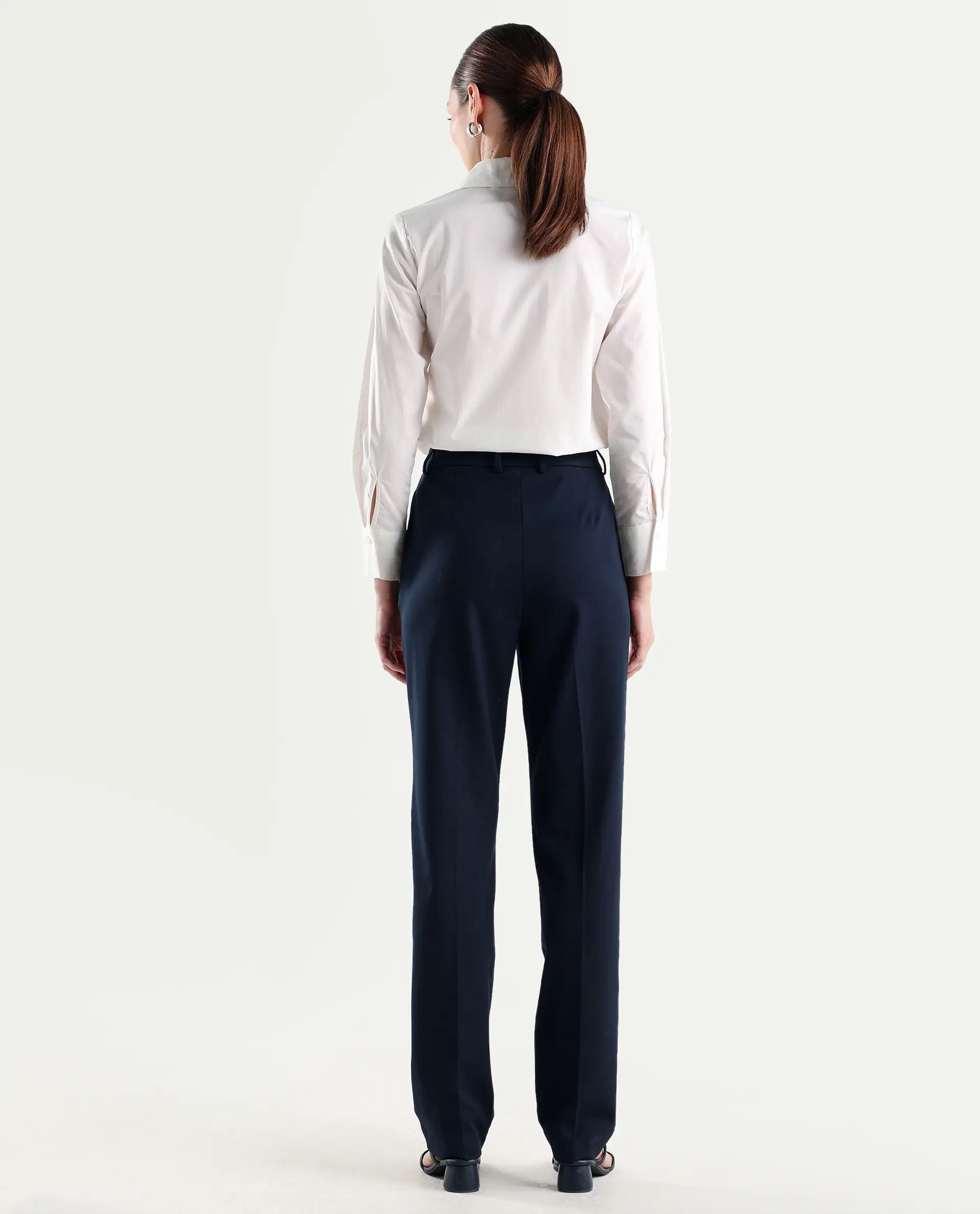 Rareism Women's Paper Navy Viscose Blend Fabric Tapered Plain Trouser