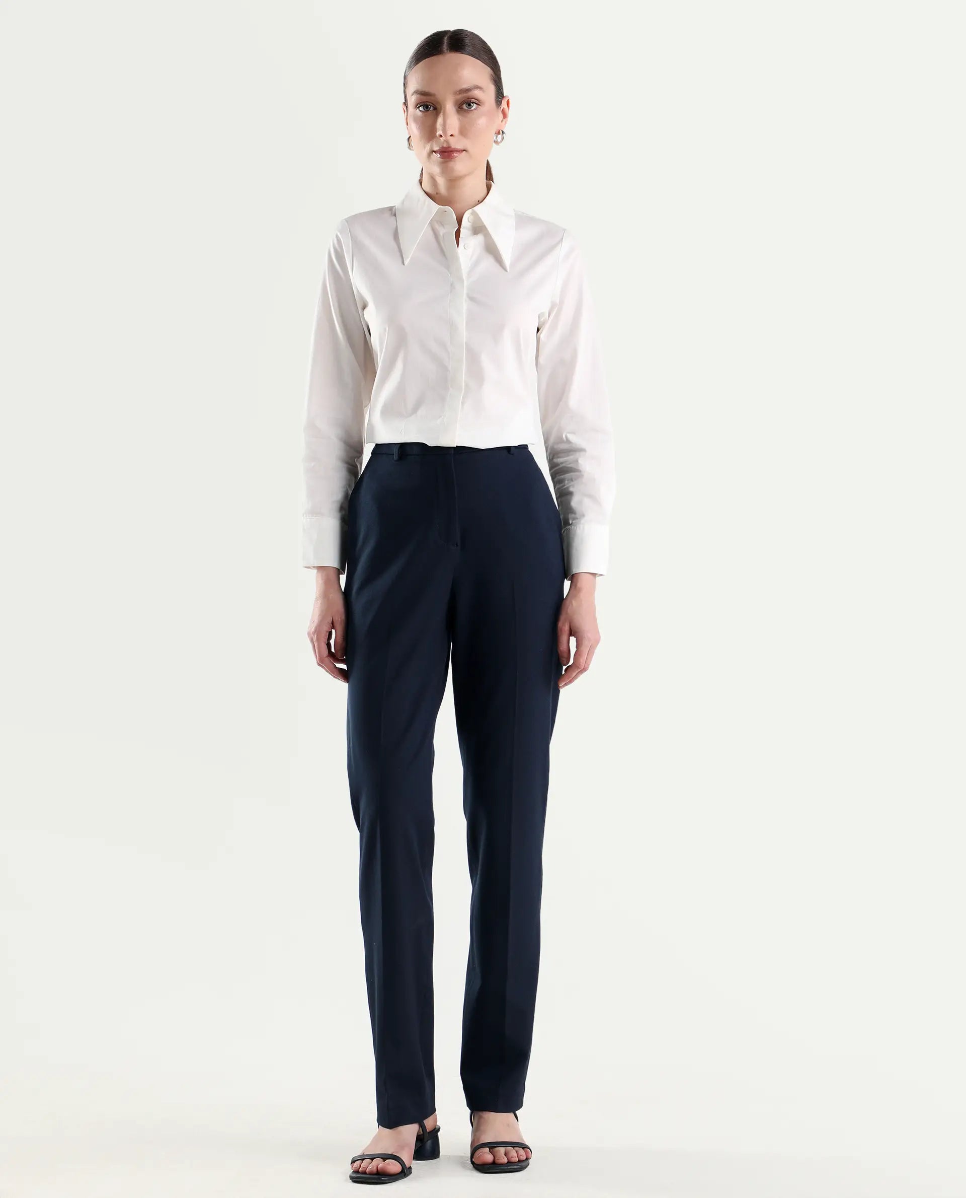 Rareism Women's Paper Navy Viscose Blend Fabric Tapered Plain Trouser