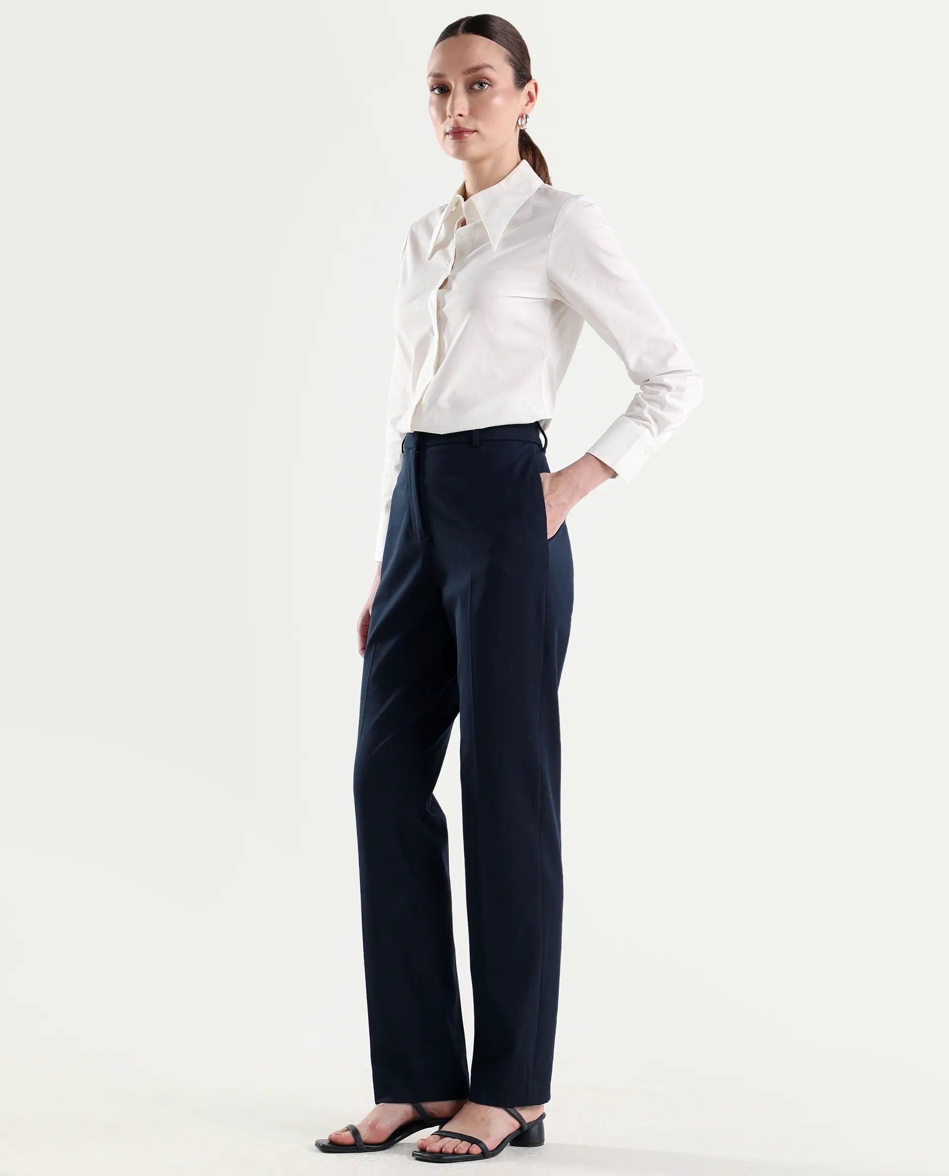 Rareism Women's Paper Navy Viscose Blend Fabric Tapered Plain Trouser