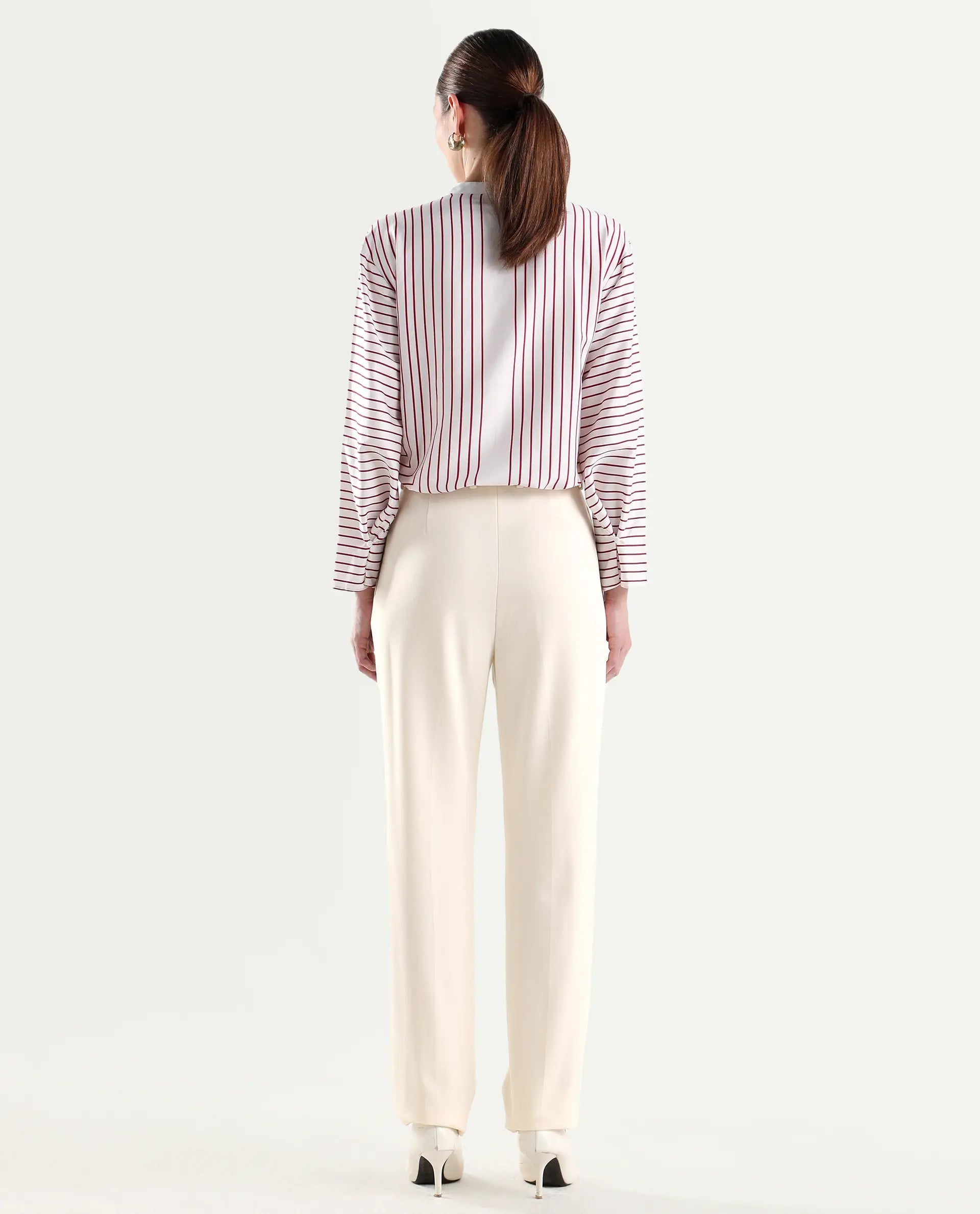 Rareism Women's Paper Off White Viscose Blend Tapered Plain Trouser