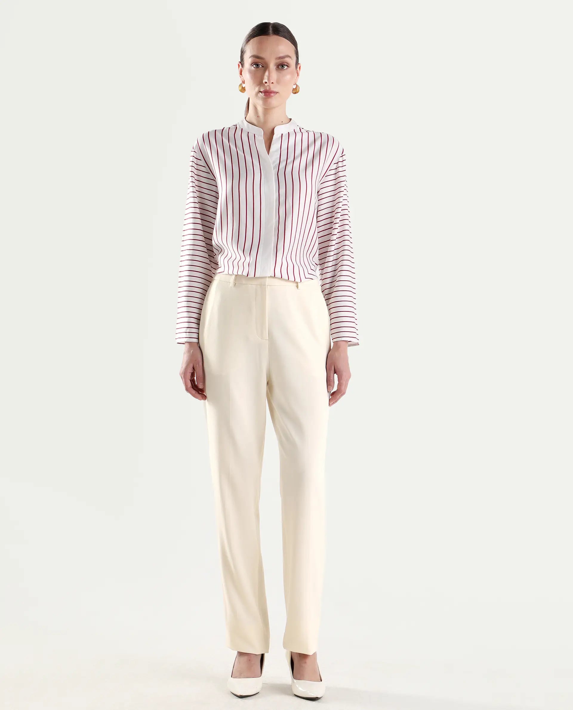 Rareism Women's Paper Off White Viscose Blend Tapered Plain Trouser