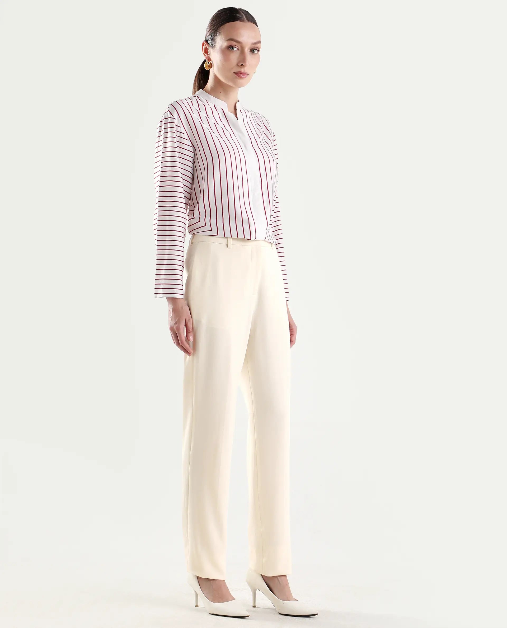 Rareism Women's Paper Off White Viscose Blend Tapered Plain Trouser