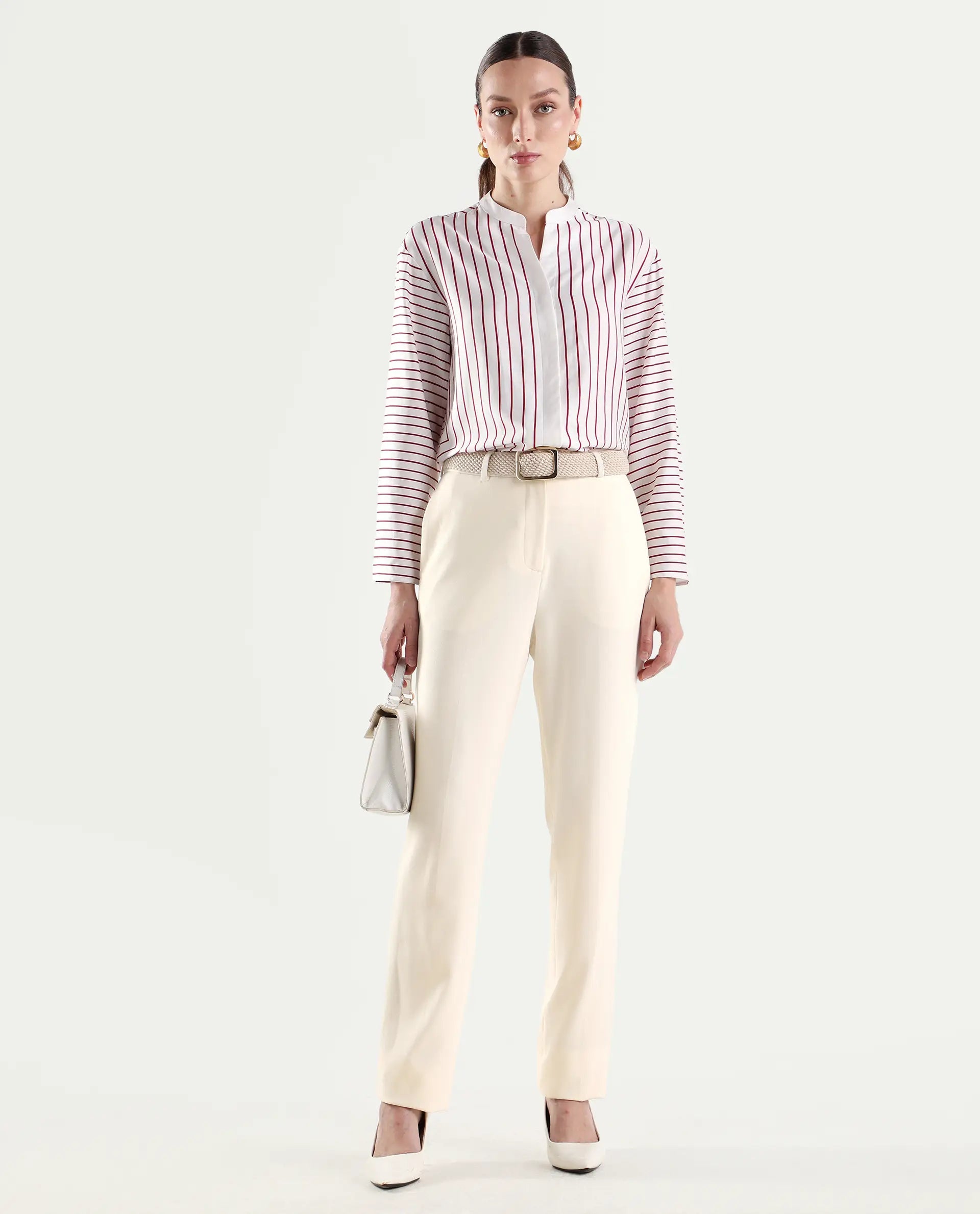 Rareism Women's Paper Off White Viscose Blend Tapered Plain Trouser