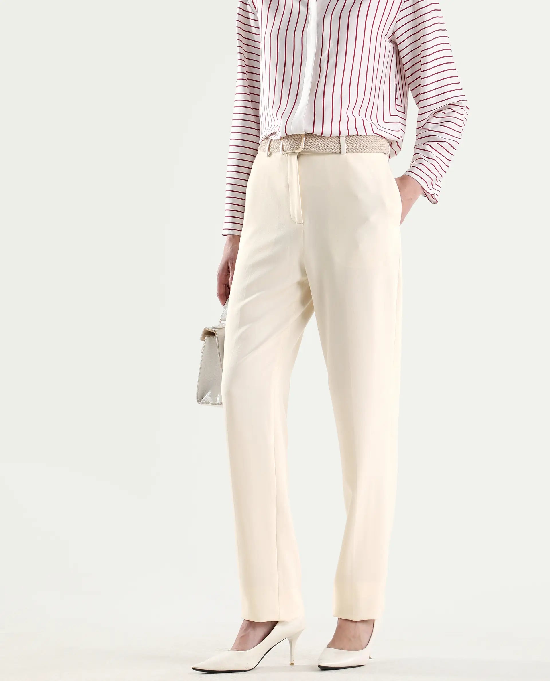 Rareism Women's Paper Off White Viscose Blend Tapered Plain Trouser