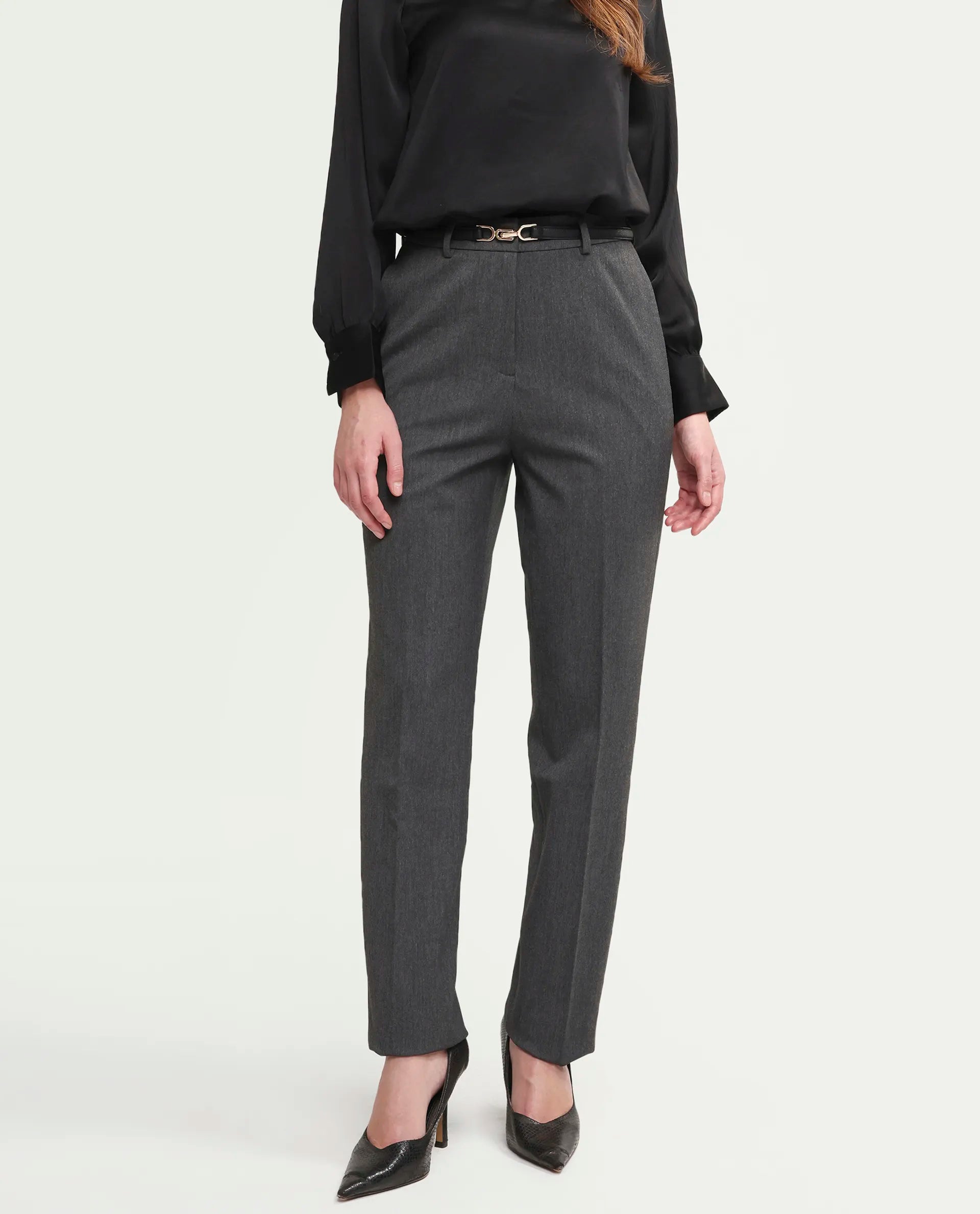 Rareism Women's Paper Grey Viscose Blend Fabric Tapered Plain Trouser
