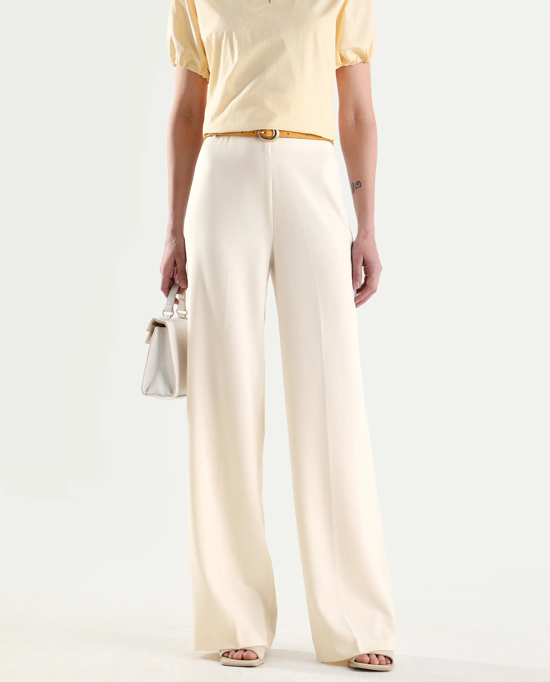 Rareism Women's Widy Off White Viscose Wide Plain Trouser