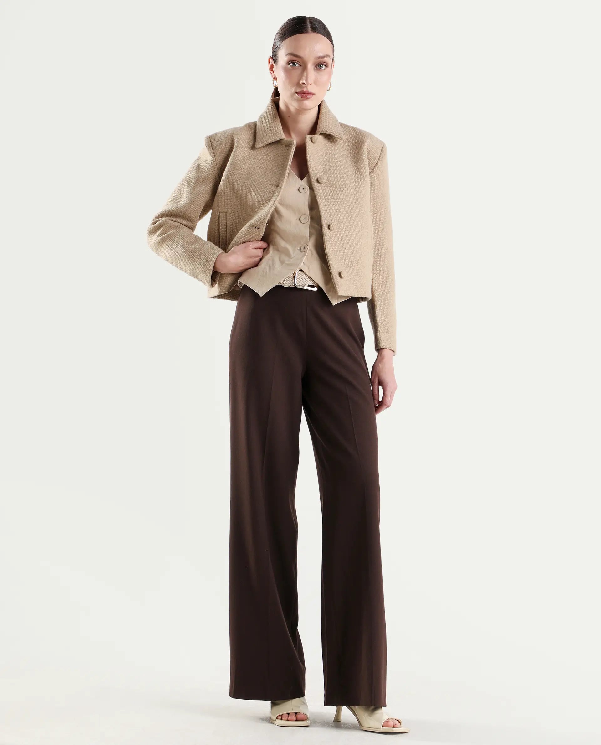 Rareism Women's Widy Brown Viscose Fabric Wide Plain Trouser