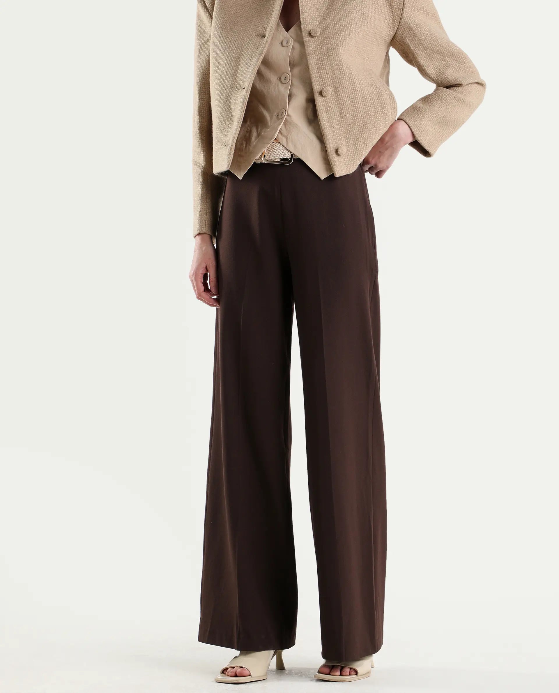 Rareism Women's Widy Brown Viscose Fabric Wide Plain Trouser