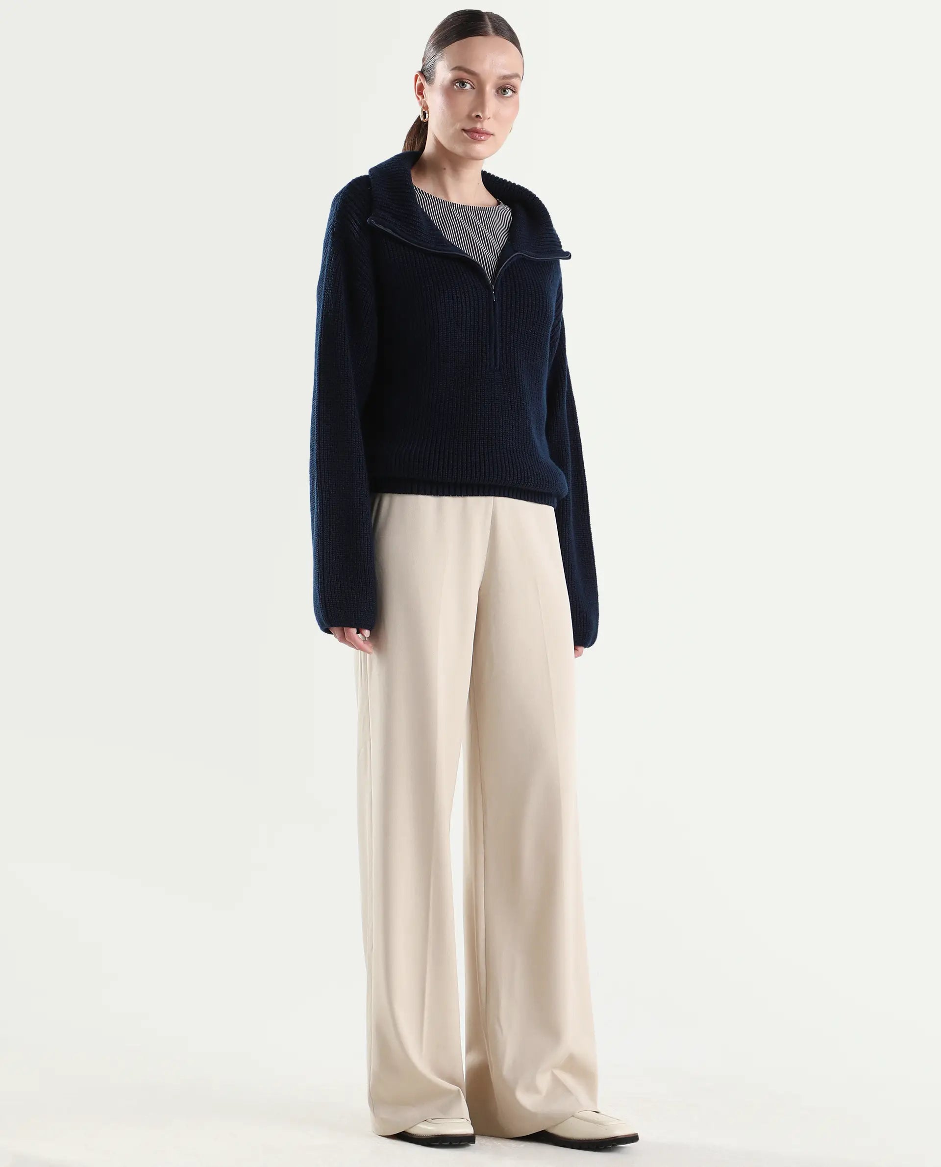Rareism Women's Widy Beige Viscose Fabric Wide Plain Trouser