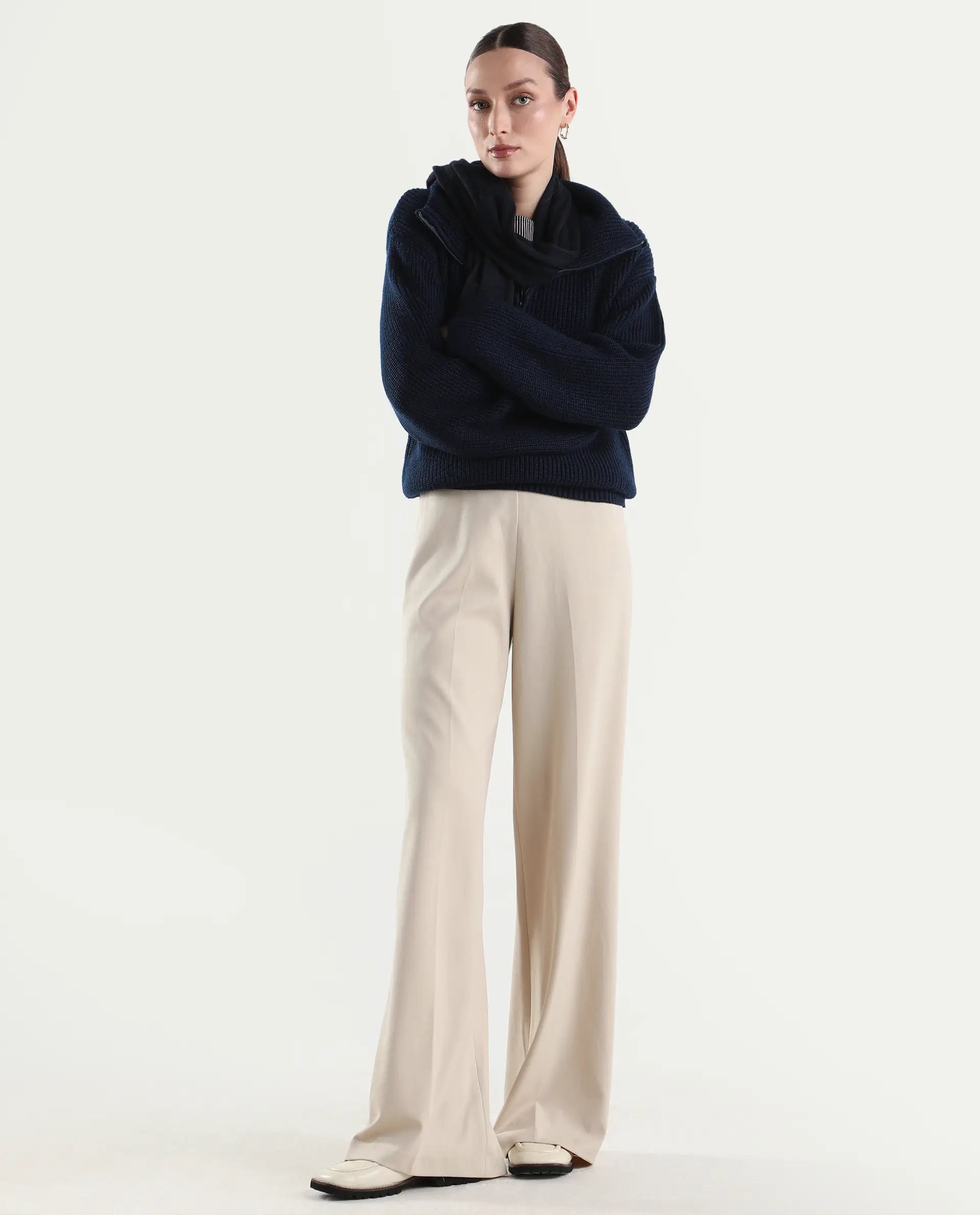 Rareism Women's Widy Beige Viscose Fabric Wide Plain Trouser