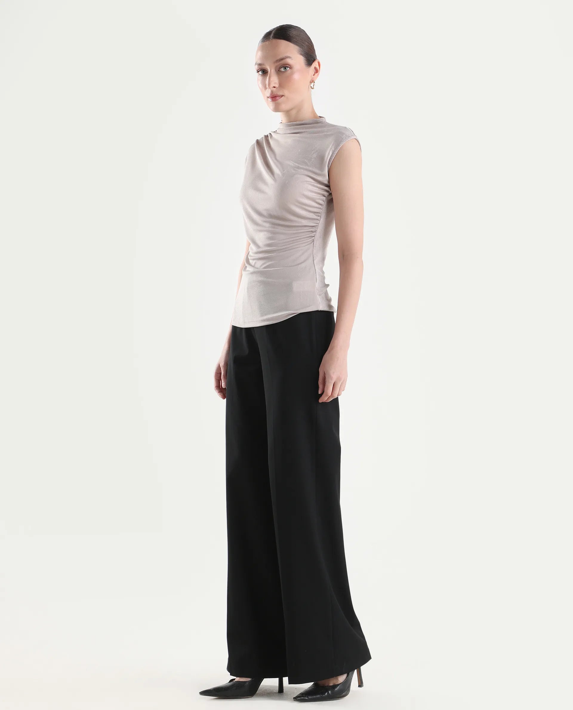 Rareism Women's Widy Black Viscose Wide Plain Trouser