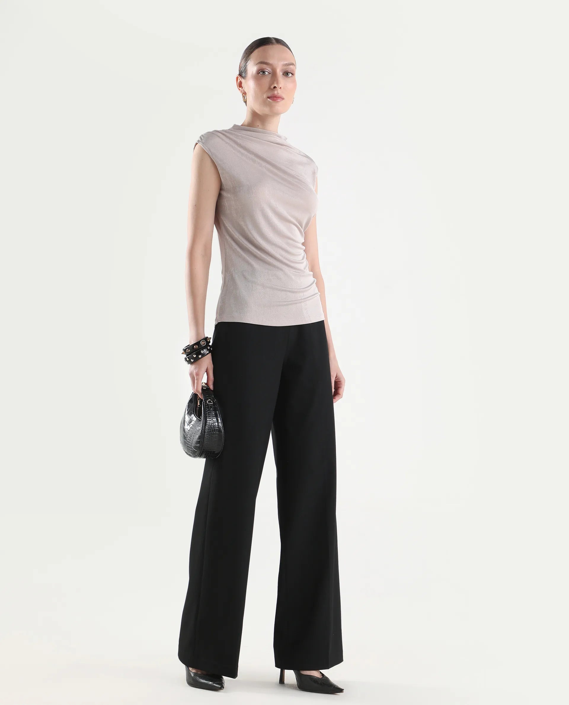 Rareism Women's Widy Black Viscose Wide Plain Trouser